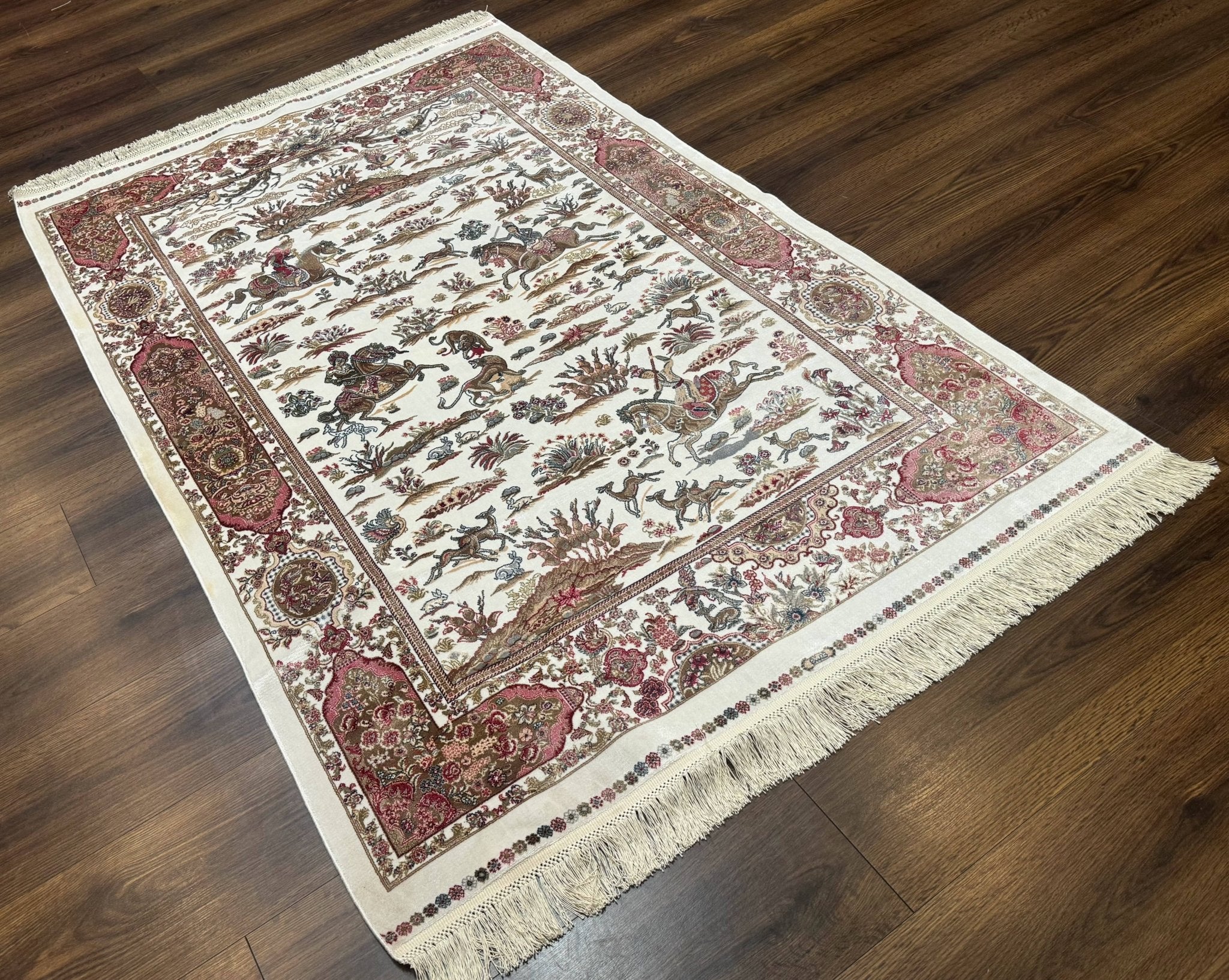 Turkish Silk Hunting Scene Rug 4x6, Ivory, Bamboo Silk, New - Jewel RugsShopify CollectiveHUNTEDFOX - Turkish Silk Hunting Scene Rug 4x6, Ivory, Bamboo Silk, New