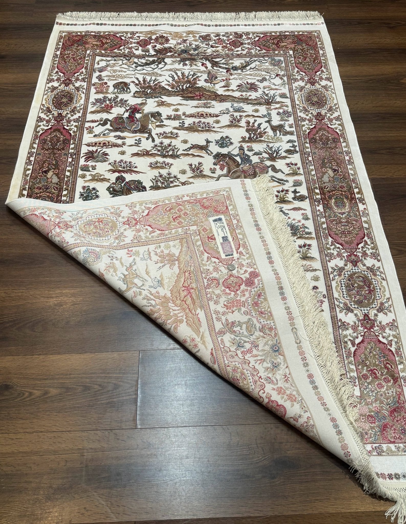 Turkish Silk Hunting Scene Rug 4x6, Ivory, Bamboo Silk, New - Jewel RugsShopify CollectiveHUNTEDFOX - Turkish Silk Hunting Scene Rug 4x6, Ivory, Bamboo Silk, New