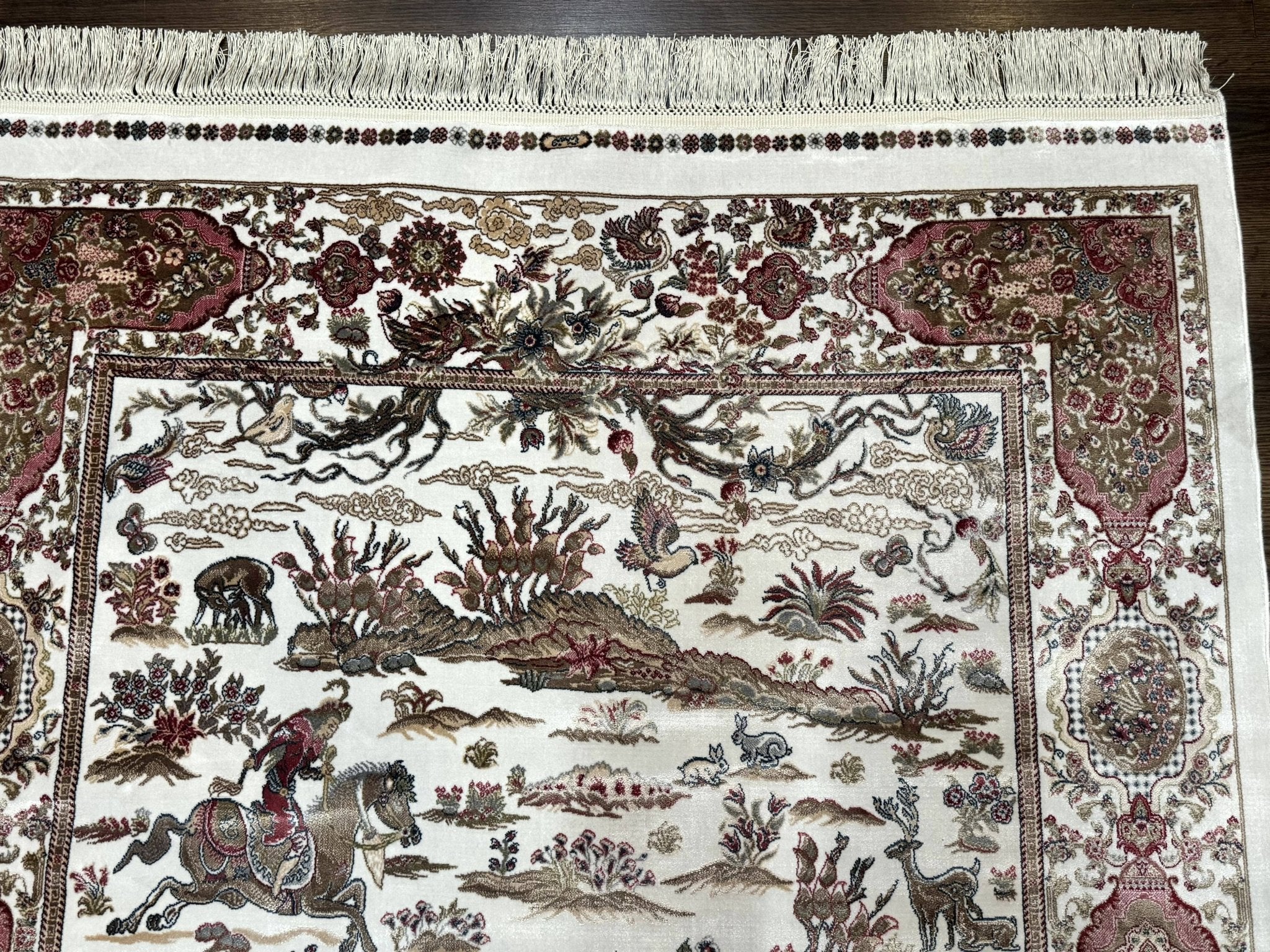 Turkish Silk Hunting Scene Rug 4x6, Ivory, Bamboo Silk, New - Jewel RugsShopify CollectiveHUNTEDFOX - Turkish Silk Hunting Scene Rug 4x6, Ivory, Bamboo Silk, New