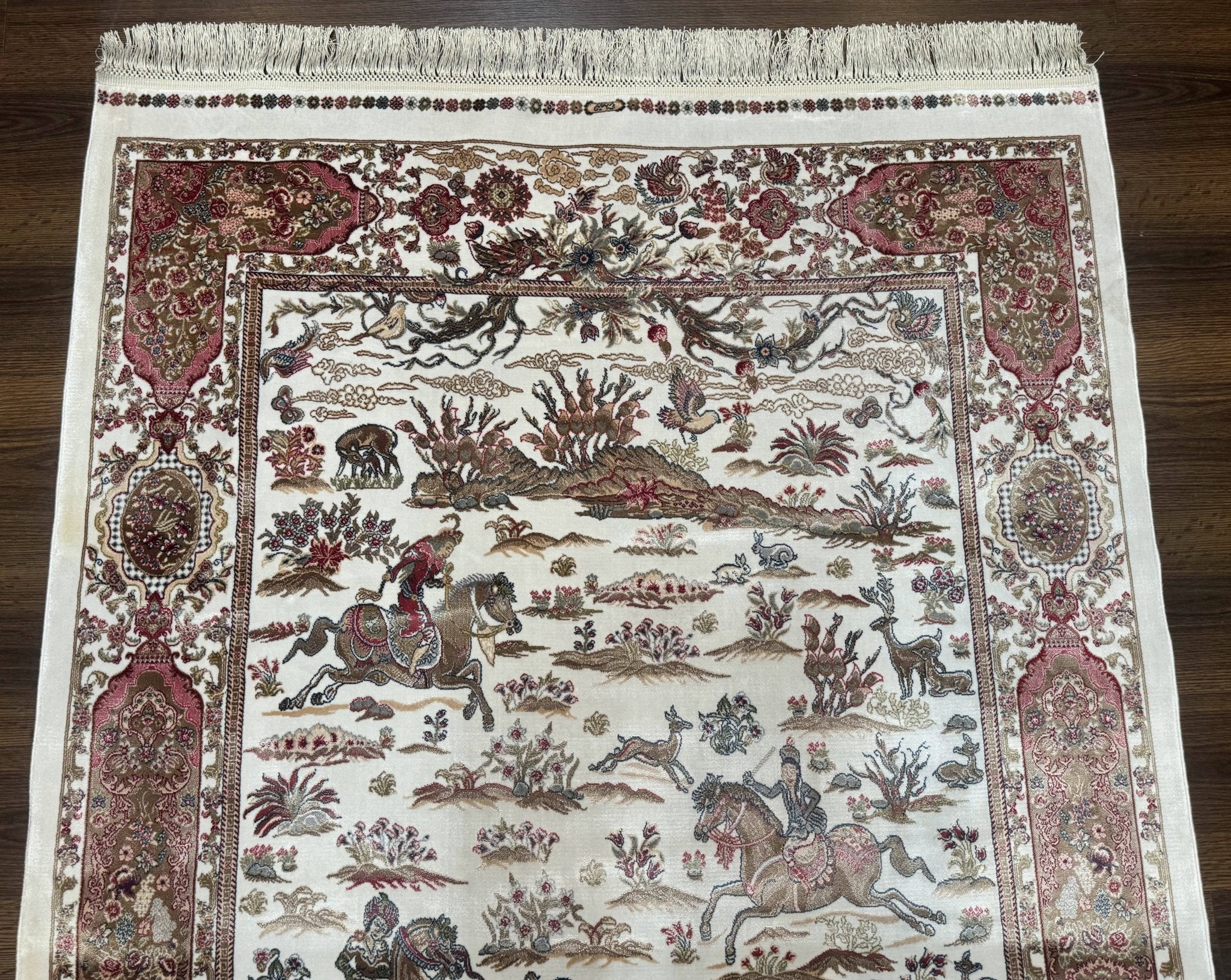 Turkish Silk Hunting Scene Rug 4x6, Ivory, Bamboo Silk, New - Jewel RugsShopify CollectiveHUNTEDFOX - Turkish Silk Hunting Scene Rug 4x6, Ivory, Bamboo Silk, New