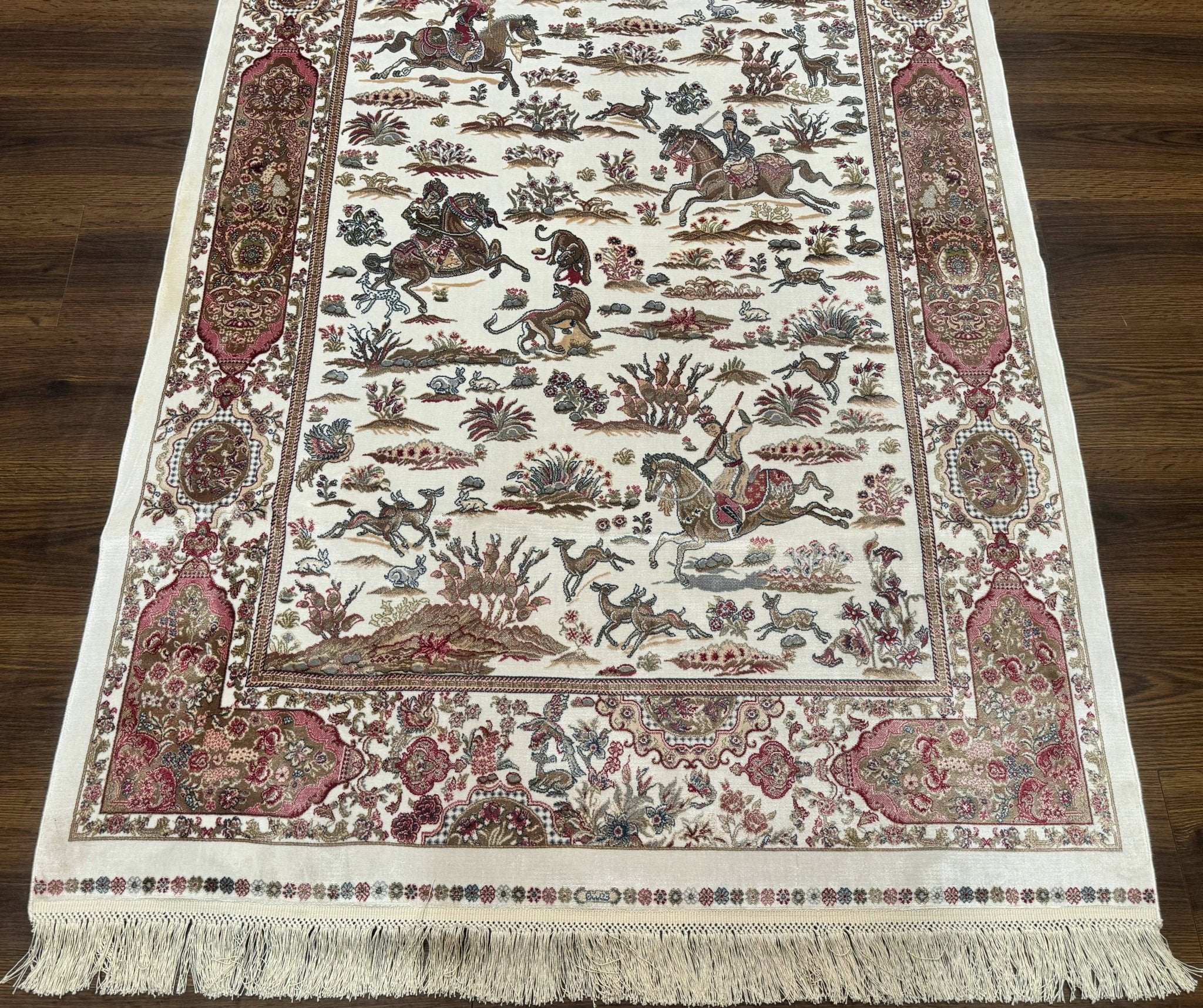 Turkish Silk Hunting Scene Rug 4x6, Ivory, Bamboo Silk, New - Jewel RugsShopify CollectiveHUNTEDFOX - Turkish Silk Hunting Scene Rug 4x6, Ivory, Bamboo Silk, New
