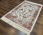 Turkish Silk Hunting Scene Rug 4x6, Ivory, Bamboo Silk, New - Jewel RugsShopify CollectiveHUNTEDFOX - Turkish Silk Hunting Scene Rug 4x6, Ivory, Bamboo Silk, New