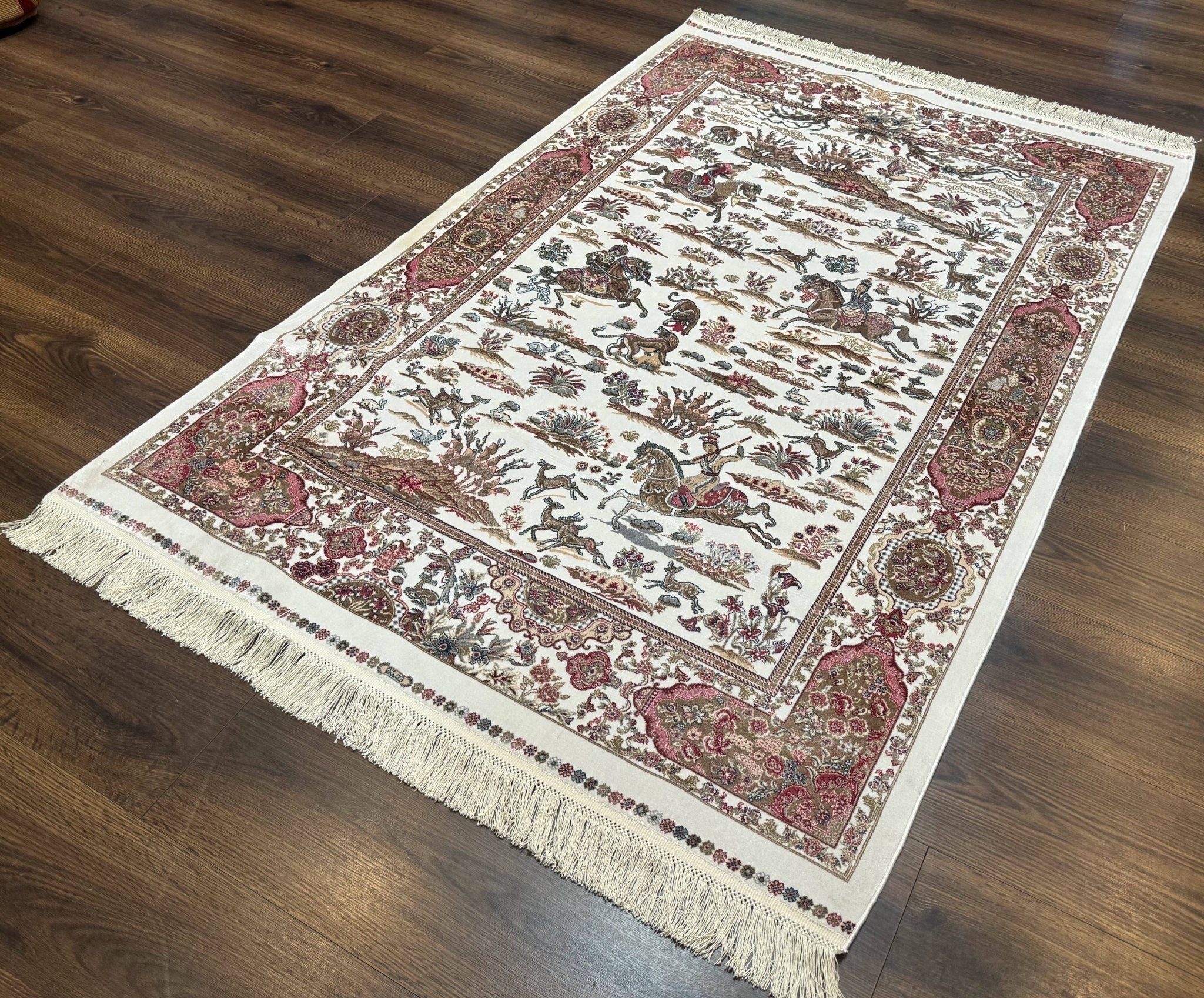 Turkish Silk Hunting Scene Rug 4x6, Ivory, Bamboo Silk, New - Jewel RugsShopify CollectiveHUNTEDFOX - Turkish Silk Hunting Scene Rug 4x6, Ivory, Bamboo Silk, New