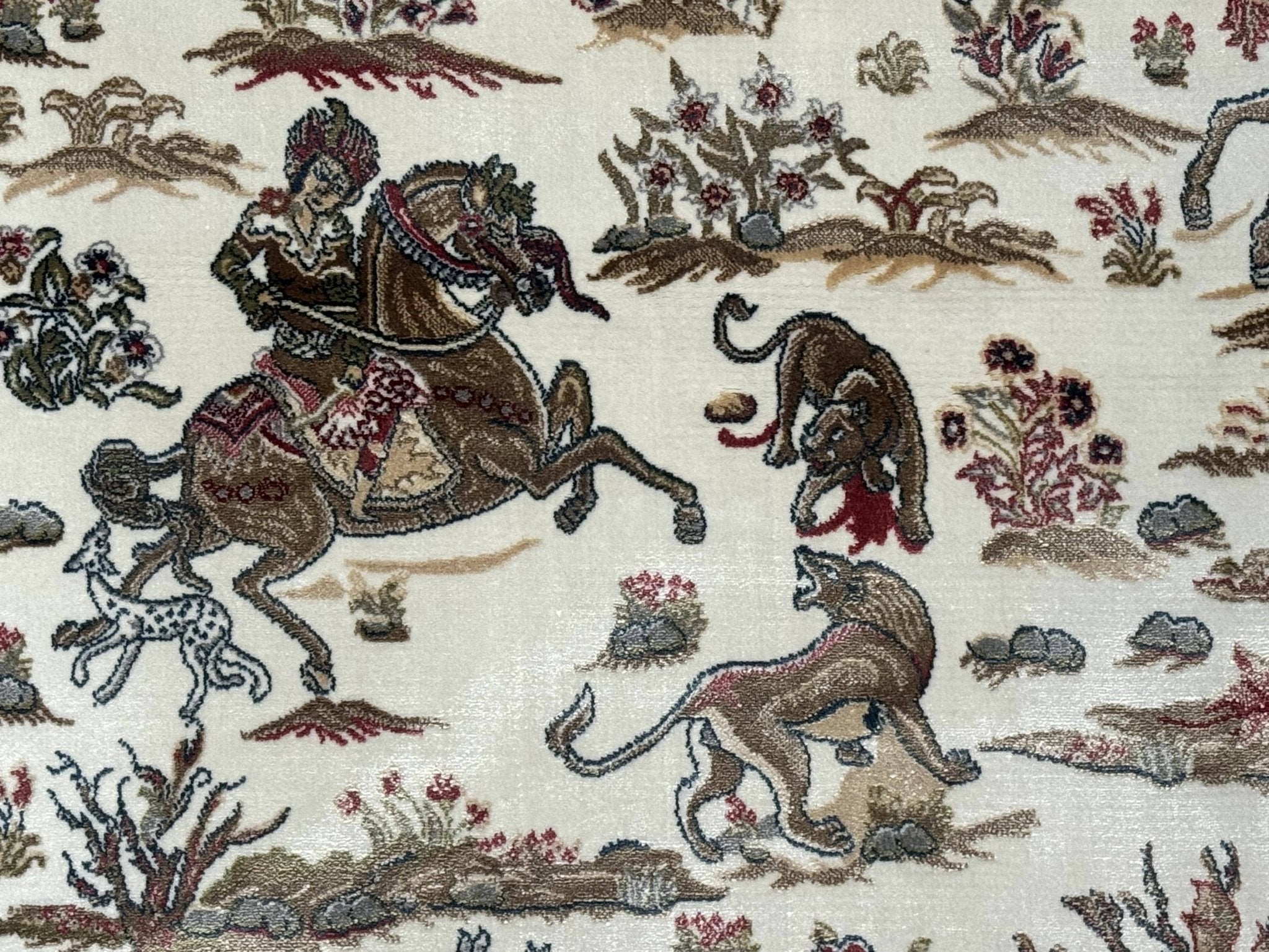 Turkish Silk Hunting Scene Rug 4x6, Ivory, Bamboo Silk, New - Jewel RugsShopify CollectiveHUNTEDFOX - Turkish Silk Hunting Scene Rug 4x6, Ivory, Bamboo Silk, New