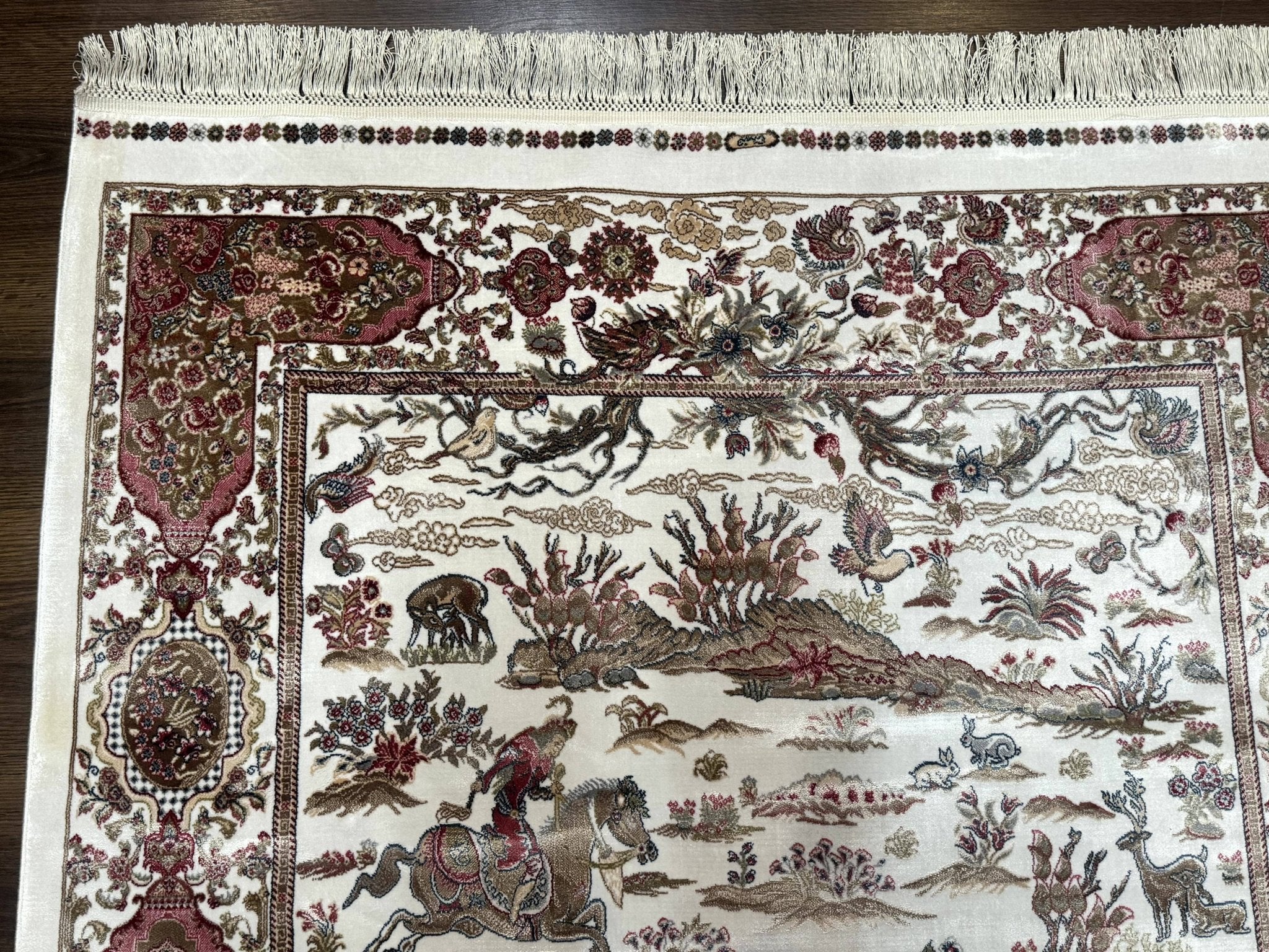 Turkish Silk Hunting Scene Rug 4x6, Ivory, Bamboo Silk, New - Jewel RugsShopify CollectiveHUNTEDFOX - Turkish Silk Hunting Scene Rug 4x6, Ivory, Bamboo Silk, New
