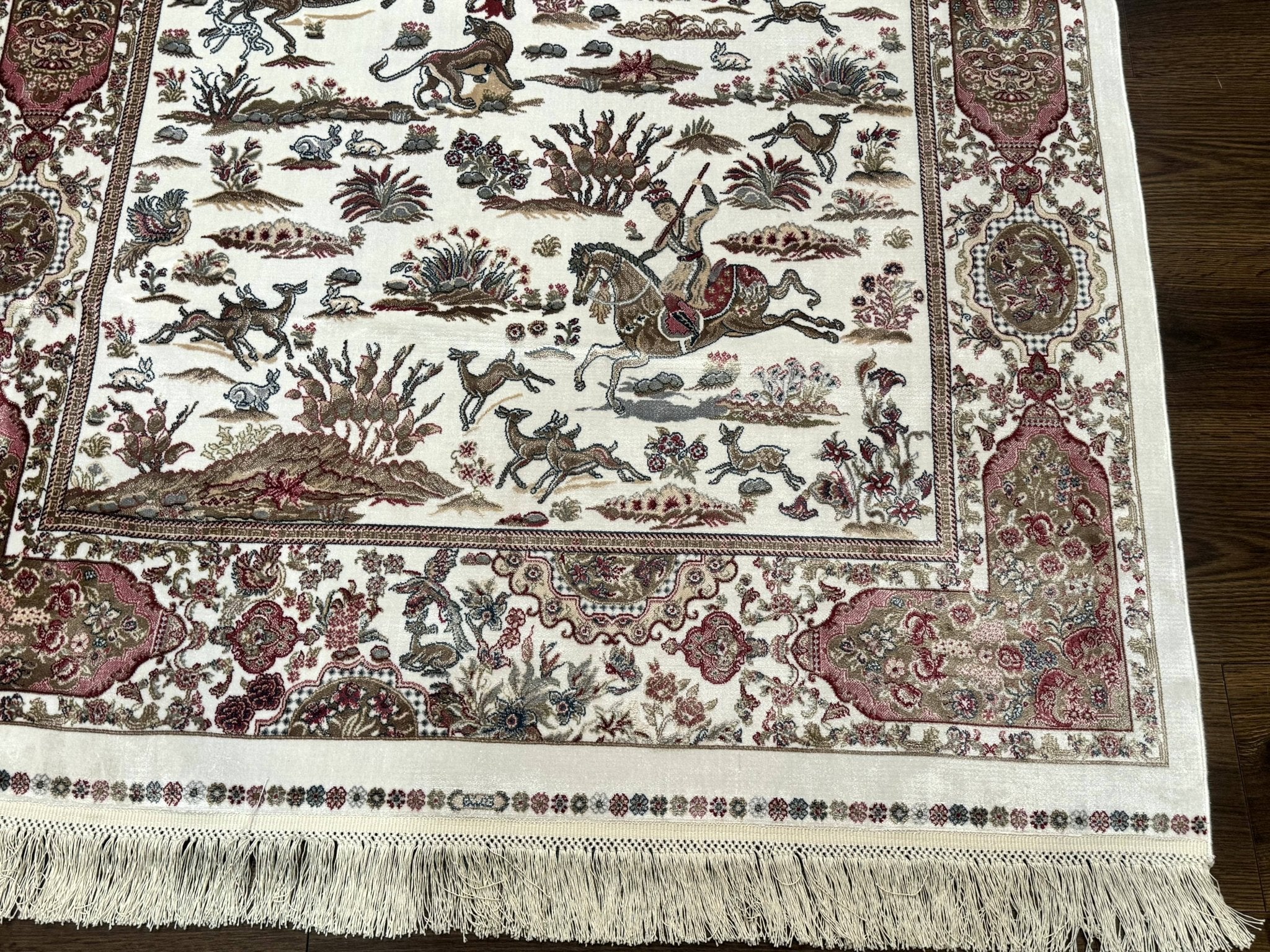 Turkish Silk Hunting Scene Rug 4x6, Ivory, Bamboo Silk, New - Jewel RugsShopify CollectiveHUNTEDFOX - Turkish Silk Hunting Scene Rug 4x6, Ivory, Bamboo Silk, New