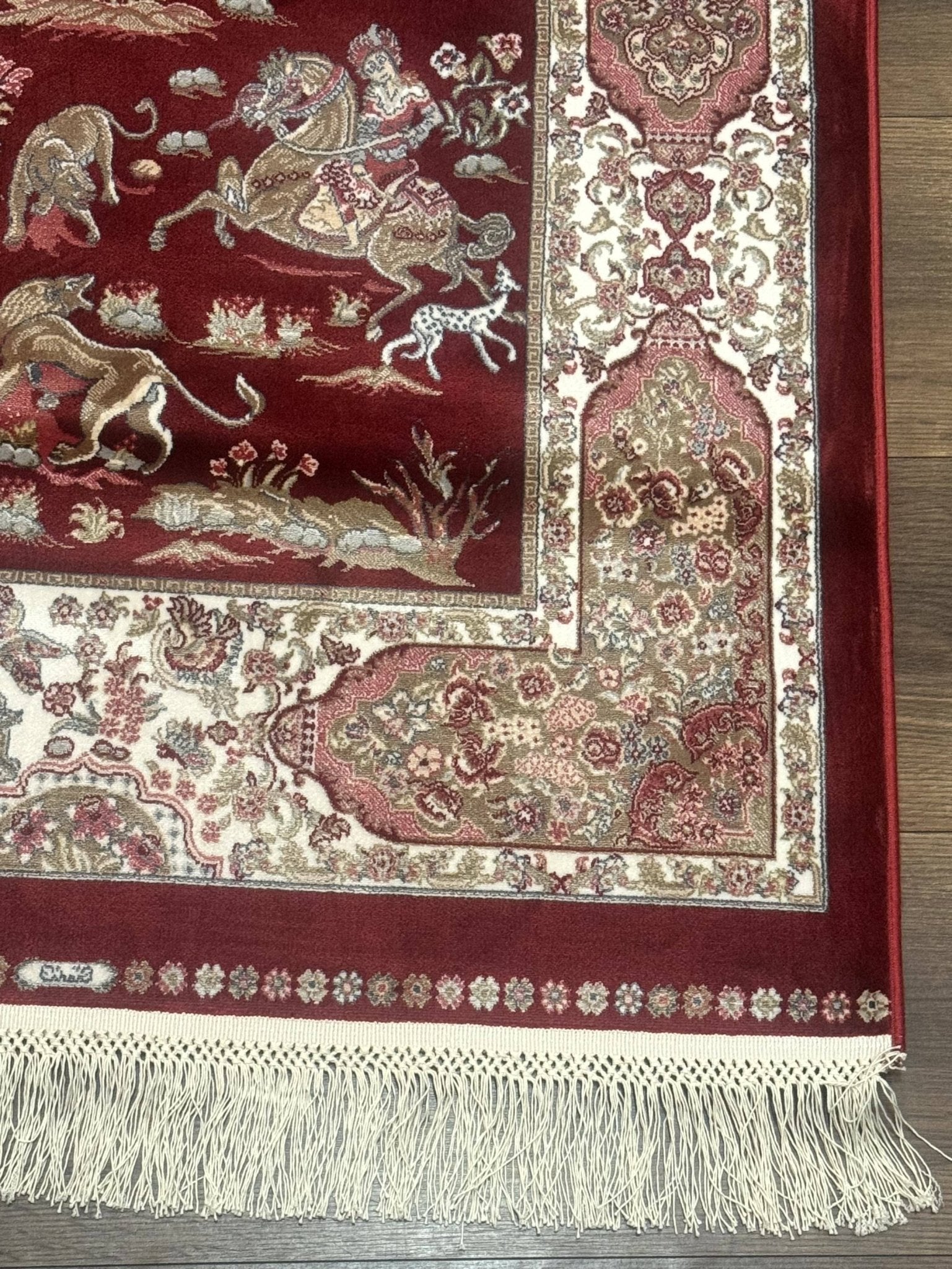 Turkish Silk Rug 2.6 x 6.7, Hunting Design, Short Runner Rug, Red & Ivory, Bamboo Silk, New - Jewel RugsShopify CollectiveHUNTEDFOX - Turkish Silk Rug 2.6 x 6.7, Hunting Design, Short Runner Rug, Red & Ivory, Bamboo Silk, New
