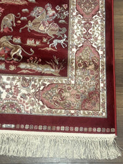 Turkish Silk Rug 2.6 x 6.7, Hunting Design, Short Runner Rug, Red & Ivory, Bamboo Silk, New - Jewel RugsShopify CollectiveHUNTEDFOX - Turkish Silk Rug 2.6 x 6.7, Hunting Design, Short Runner Rug, Red & Ivory, Bamboo Silk, New