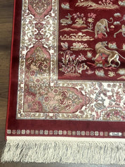 Turkish Silk Rug 2.6 x 6.7, Hunting Design, Short Runner Rug, Red & Ivory, Bamboo Silk, New - Jewel RugsShopify CollectiveHUNTEDFOX - Turkish Silk Rug 2.6 x 6.7, Hunting Design, Short Runner Rug, Red & Ivory, Bamboo Silk, New