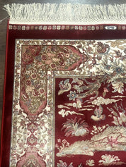 Turkish Silk Rug 2.6 x 6.7, Hunting Design, Short Runner Rug, Red & Ivory, Bamboo Silk, New - Jewel RugsShopify CollectiveHUNTEDFOX - Turkish Silk Rug 2.6 x 6.7, Hunting Design, Short Runner Rug, Red & Ivory, Bamboo Silk, New