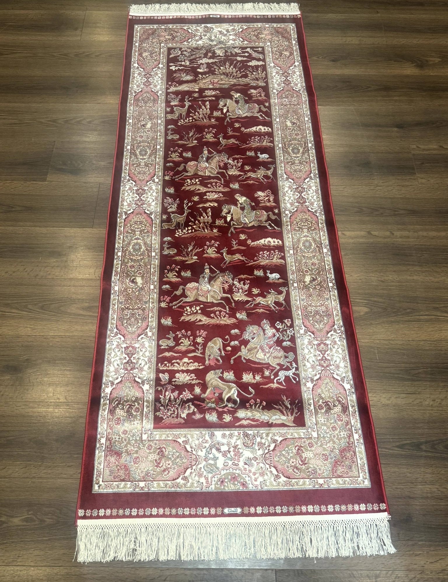 Turkish Silk Rug 2.6 x 6.7, Hunting Design, Short Runner Rug, Red & Ivory, Bamboo Silk, New - Jewel RugsShopify CollectiveHUNTEDFOX - Turkish Silk Rug 2.6 x 6.7, Hunting Design, Short Runner Rug, Red & Ivory, Bamboo Silk, New