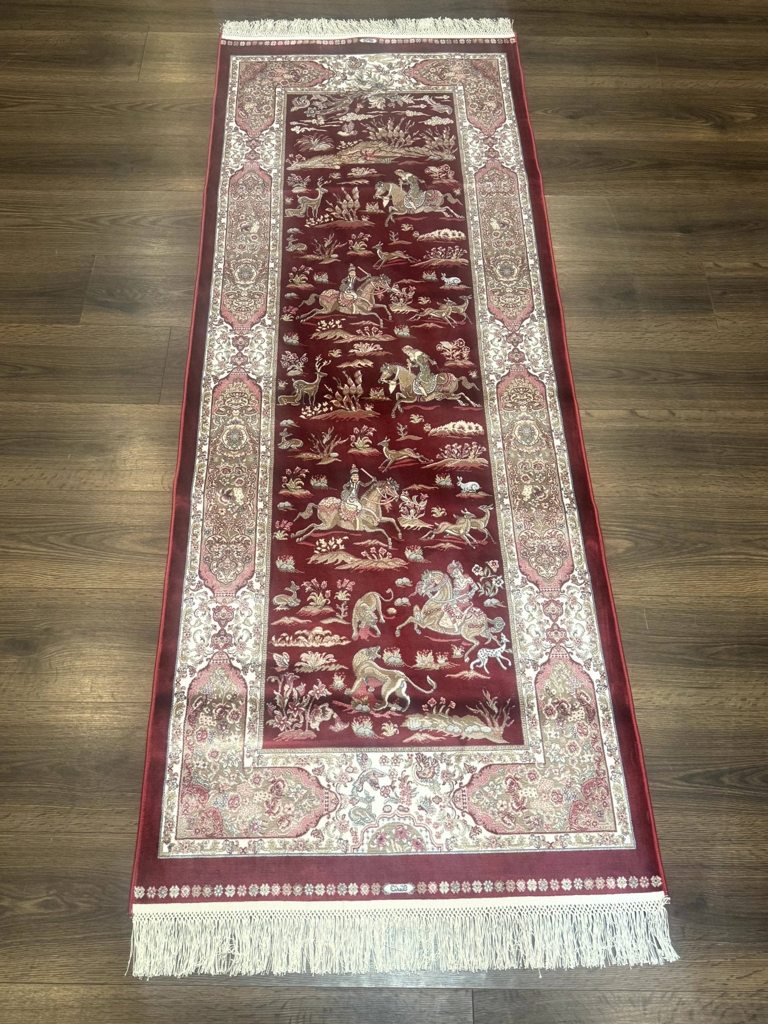 Turkish Silk Rug 2.6 x 6.7, Hunting Design, Short Runner Rug, Red & Ivory, Bamboo Silk, New - Jewel RugsShopify CollectiveHUNTEDFOX - Turkish Silk Rug 2.6 x 6.7, Hunting Design, Short Runner Rug, Red & Ivory, Bamboo Silk, New