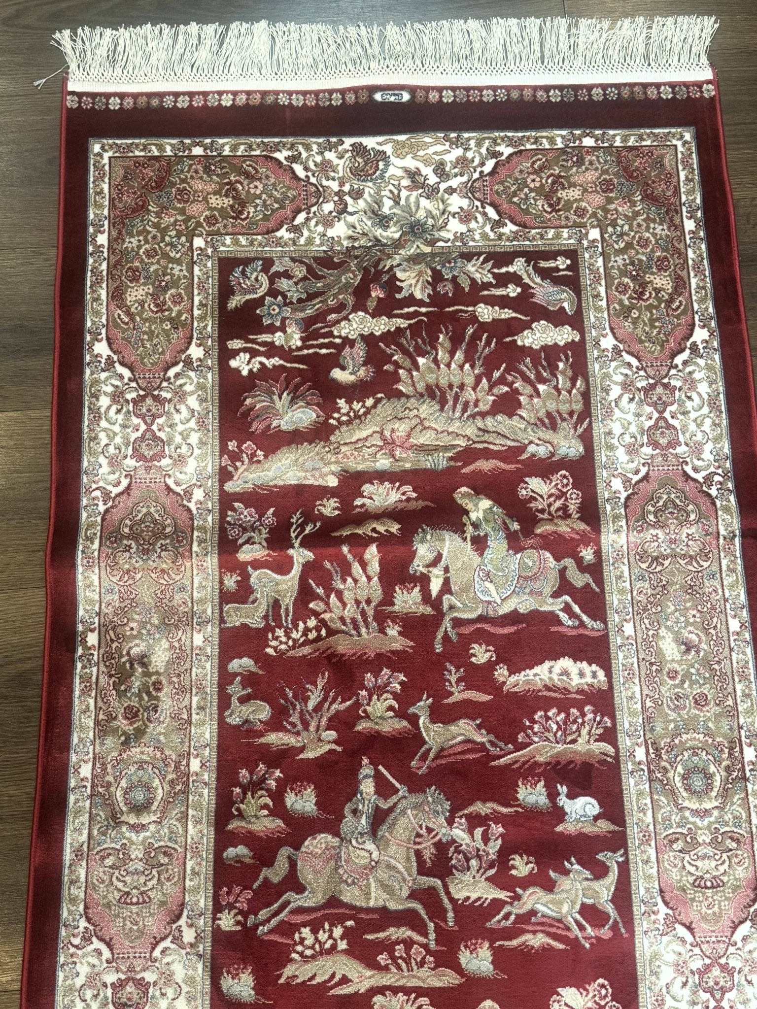 Turkish Silk Rug 2.6 x 6.7, Hunting Design, Short Runner Rug, Red & Ivory, Bamboo Silk, New - Jewel RugsShopify CollectiveHUNTEDFOX - Turkish Silk Rug 2.6 x 6.7, Hunting Design, Short Runner Rug, Red & Ivory, Bamboo Silk, New