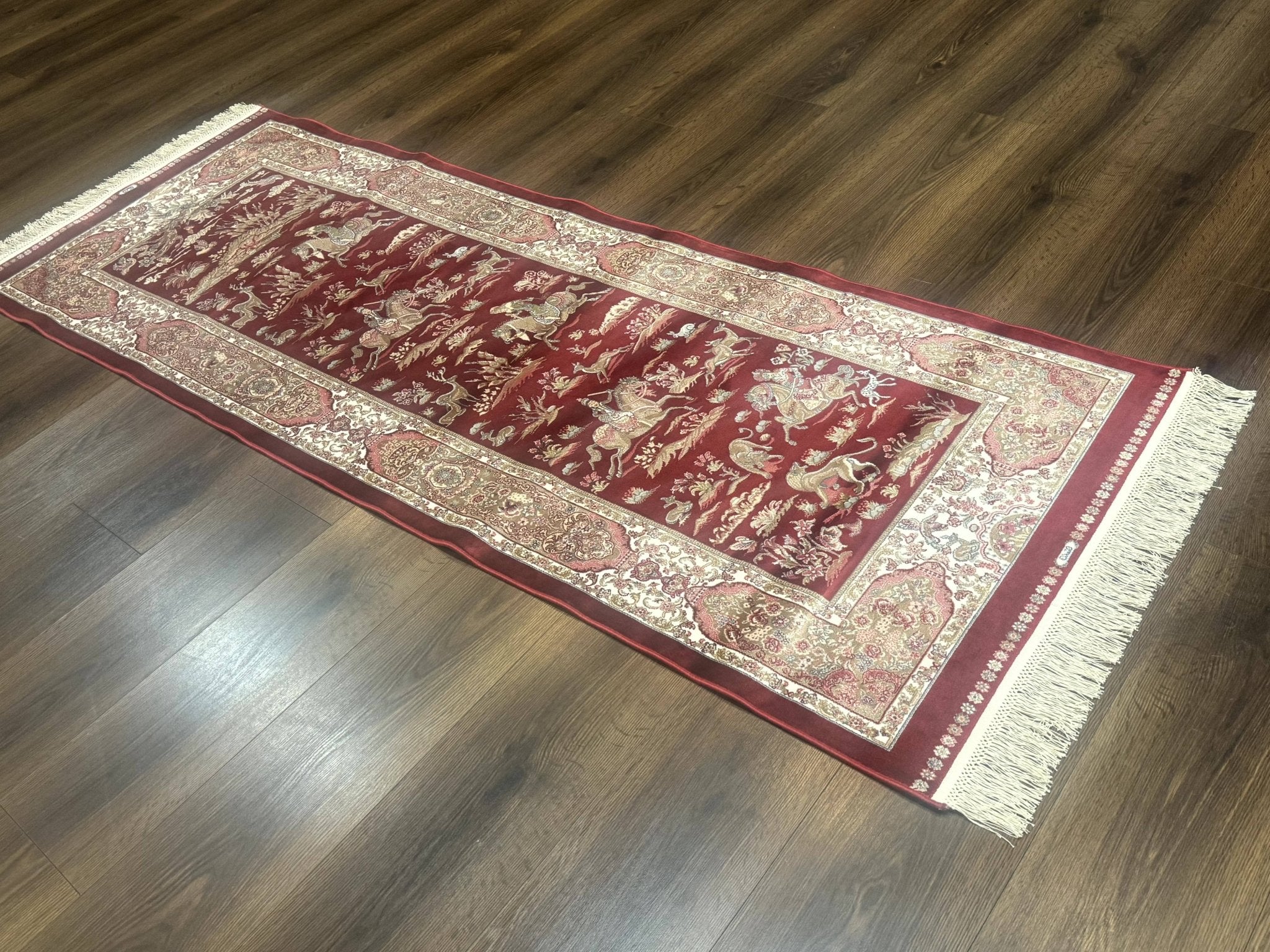 Turkish Silk Rug 2.6 x 6.7, Hunting Design, Short Runner Rug, Red & Ivory, Bamboo Silk, New - Jewel RugsShopify CollectiveHUNTEDFOX - Turkish Silk Rug 2.6 x 6.7, Hunting Design, Short Runner Rug, Red & Ivory, Bamboo Silk, New