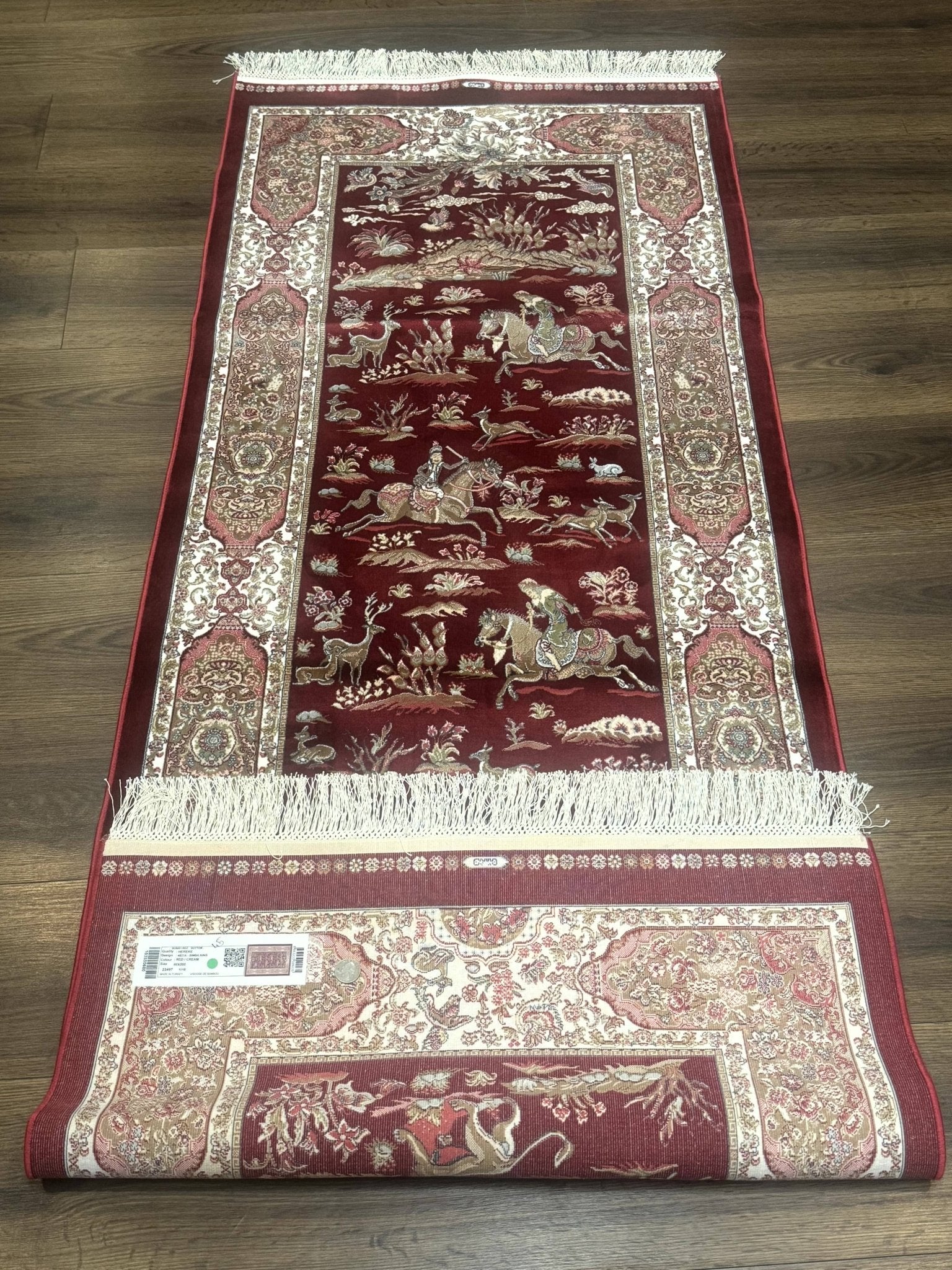 Turkish Silk Rug 2.6 x 6.7, Hunting Design, Short Runner Rug, Red & Ivory, Bamboo Silk, New - Jewel RugsShopify CollectiveHUNTEDFOX - Turkish Silk Rug 2.6 x 6.7, Hunting Design, Short Runner Rug, Red & Ivory, Bamboo Silk, New
