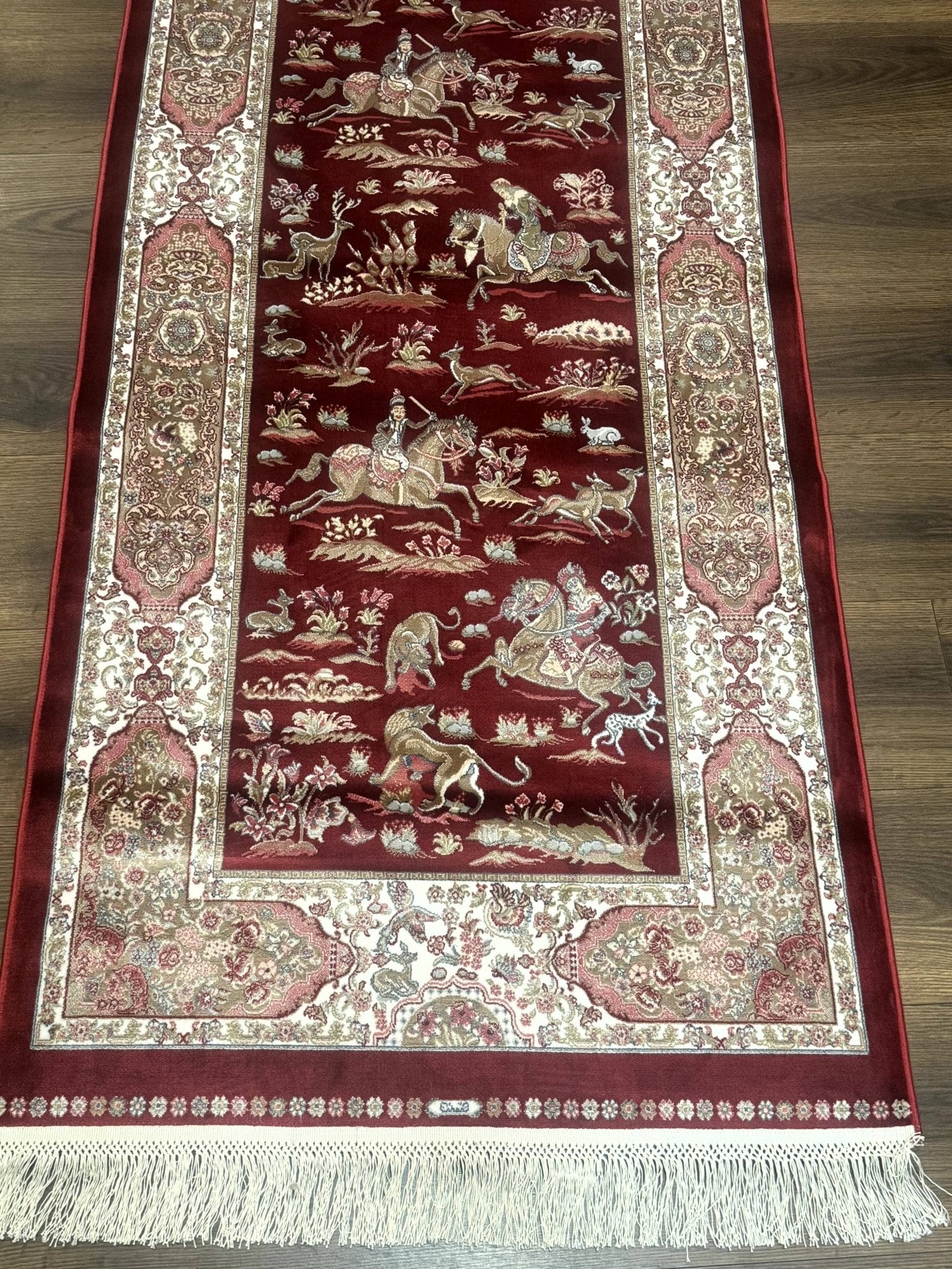 Turkish Silk Rug 2.6 x 6.7, Hunting Design, Short Runner Rug, Red & Ivory, Bamboo Silk, New - Jewel RugsShopify CollectiveHUNTEDFOX - Turkish Silk Rug 2.6 x 6.7, Hunting Design, Short Runner Rug, Red & Ivory, Bamboo Silk, New