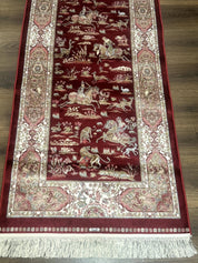 Turkish Silk Rug 2.6 x 6.7, Hunting Design, Short Runner Rug, Red & Ivory, Bamboo Silk, New - Jewel RugsShopify CollectiveHUNTEDFOX - Turkish Silk Rug 2.6 x 6.7, Hunting Design, Short Runner Rug, Red & Ivory, Bamboo Silk, New