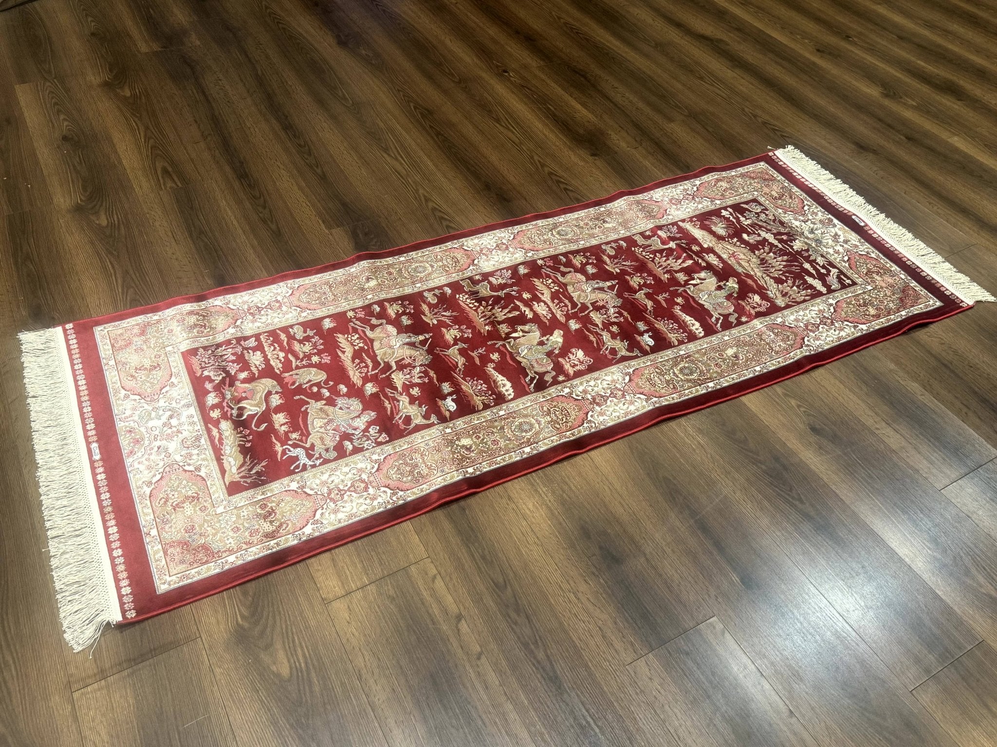 Turkish Silk Rug 2.6 x 6.7, Hunting Design, Short Runner Rug, Red & Ivory, Bamboo Silk, New - Jewel RugsShopify CollectiveHUNTEDFOX - Turkish Silk Rug 2.6 x 6.7, Hunting Design, Short Runner Rug, Red & Ivory, Bamboo Silk, New