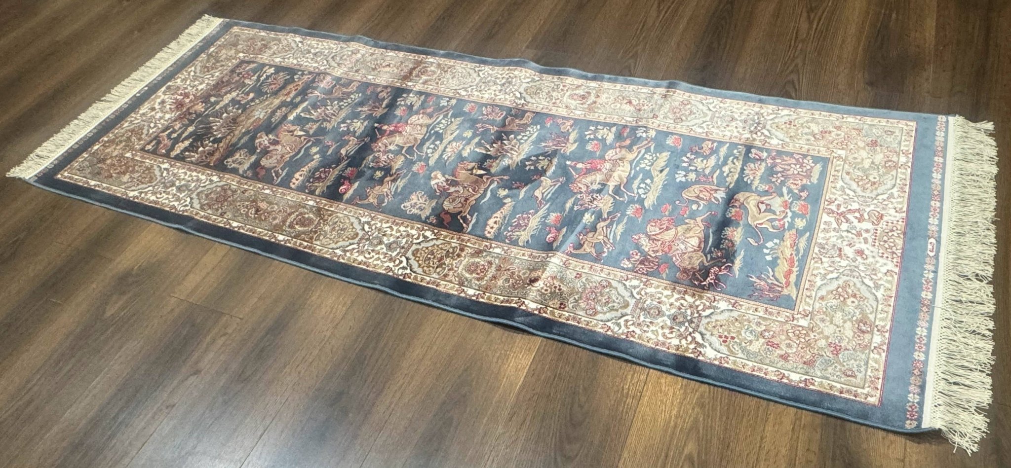 Turkish Silk Rug 2.6 x 6.7, Short Runner Rug, Blue & Ivory, Bamboo Silk, New - Jewel RugsShopify CollectiveHUNTEDFOX - Turkish Silk Rug 2.6 x 6.7, Short Runner Rug, Blue & Ivory, Bamboo Silk, New