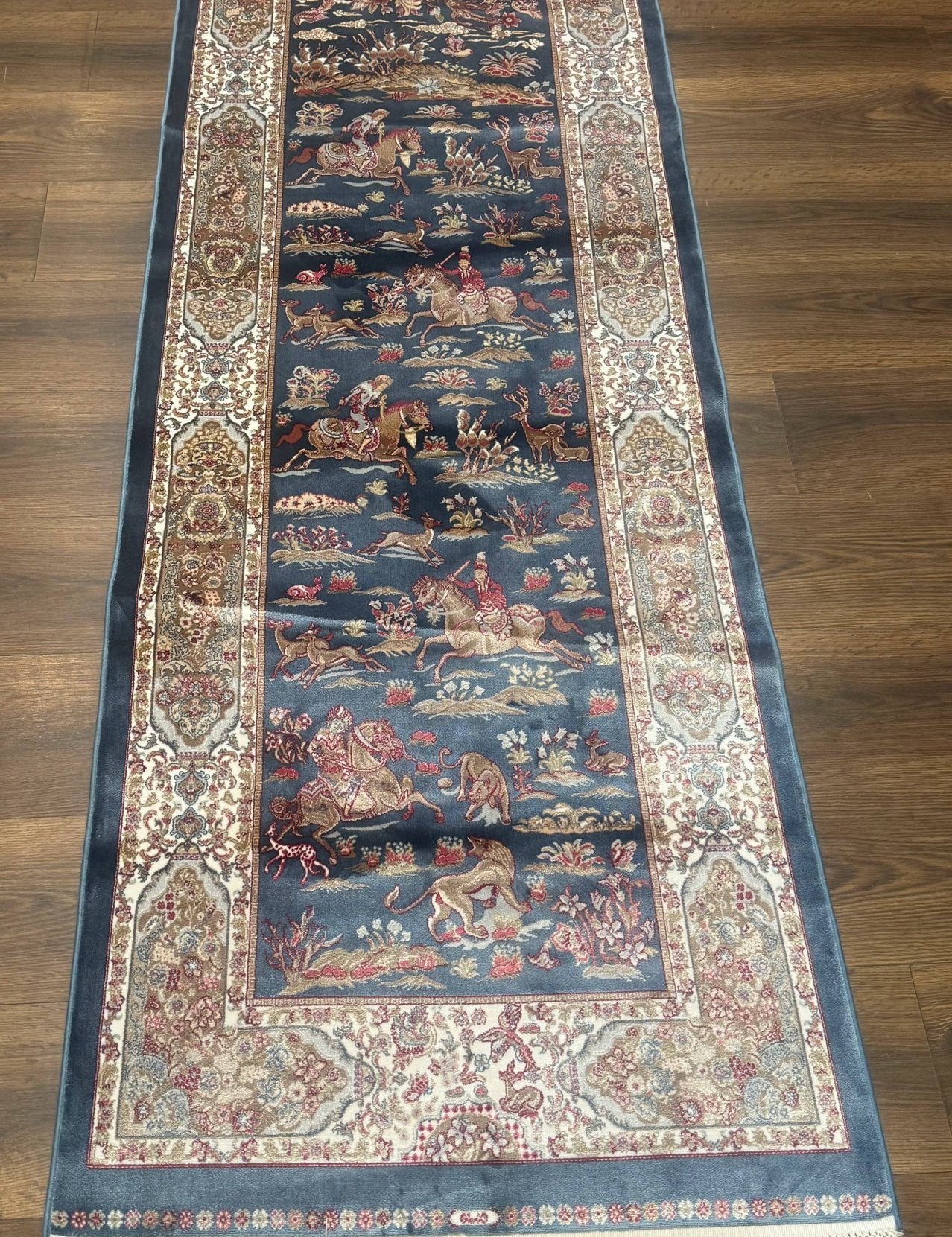 Turkish Silk Rug 2.6 x 6.7, Short Runner Rug, Blue & Ivory, Bamboo Silk, New - Jewel RugsShopify CollectiveHUNTEDFOX - Turkish Silk Rug 2.6 x 6.7, Short Runner Rug, Blue & Ivory, Bamboo Silk, New