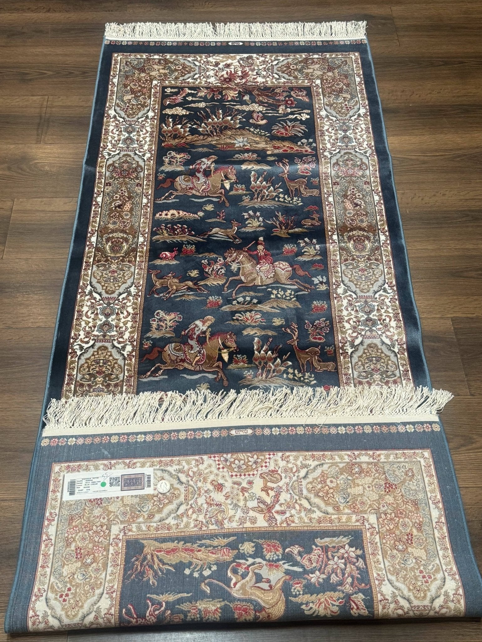 Turkish Silk Rug 2.6 x 6.7, Short Runner Rug, Blue & Ivory, Bamboo Silk, New - Jewel RugsShopify CollectiveHUNTEDFOX - Turkish Silk Rug 2.6 x 6.7, Short Runner Rug, Blue & Ivory, Bamboo Silk, New