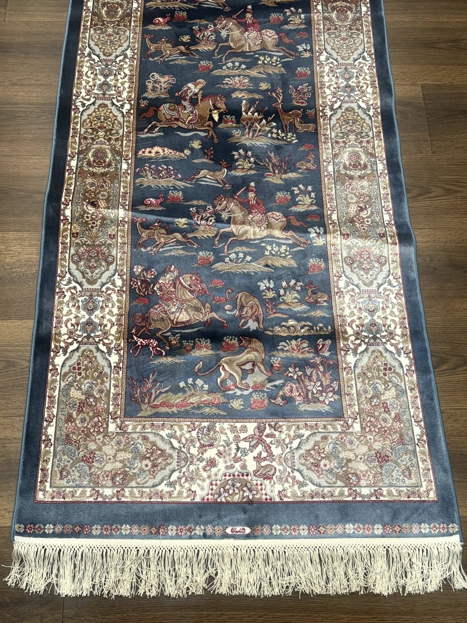Turkish Silk Rug 2.6 x 6.7, Short Runner Rug, Blue & Ivory, Bamboo Silk, New - Jewel RugsShopify CollectiveHUNTEDFOX - Turkish Silk Rug 2.6 x 6.7, Short Runner Rug, Blue & Ivory, Bamboo Silk, New