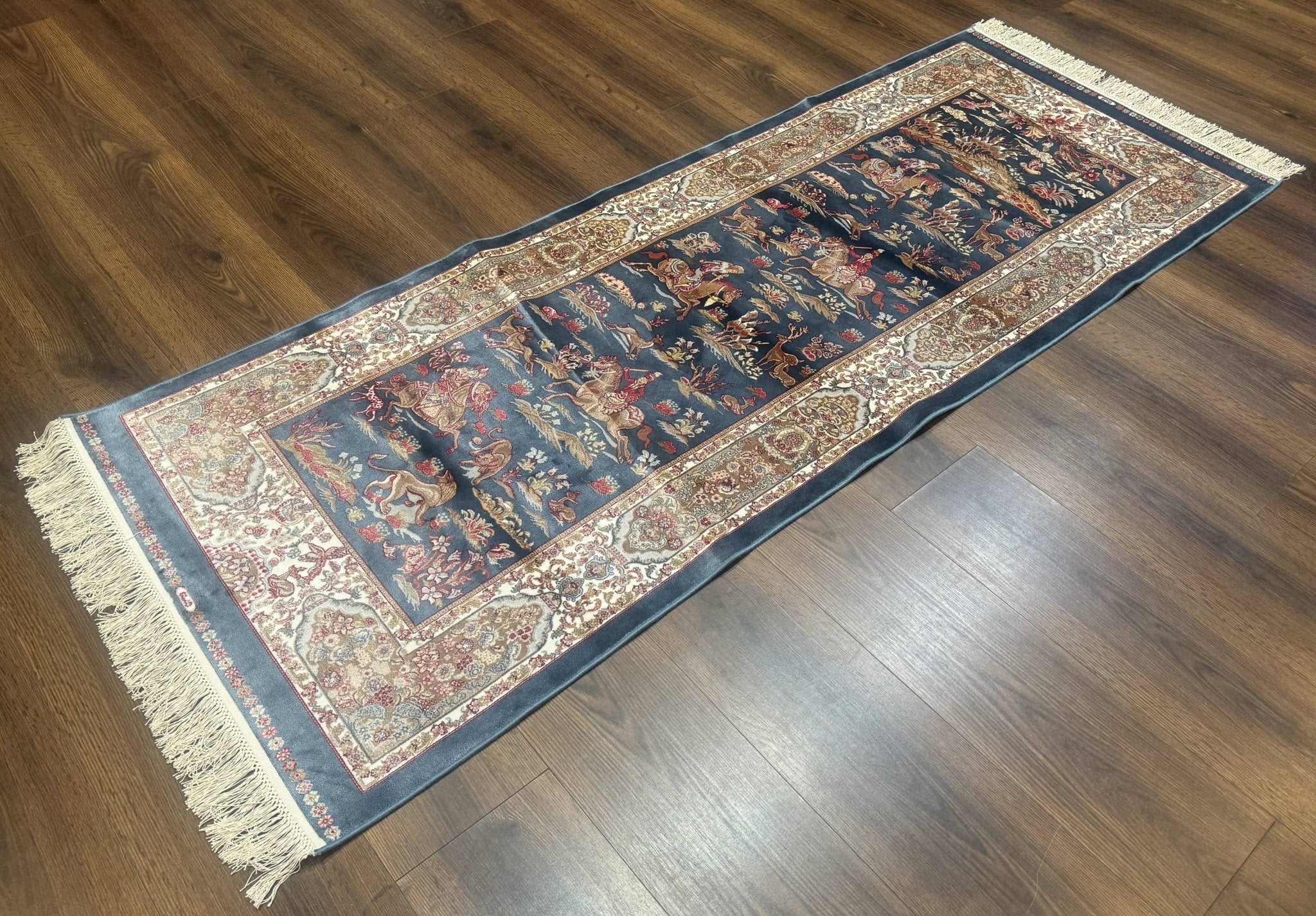 Turkish Silk Rug 2.6 x 6.7, Short Runner Rug, Blue & Ivory, Bamboo Silk, New - Jewel RugsShopify CollectiveHUNTEDFOX - Turkish Silk Rug 2.6 x 6.7, Short Runner Rug, Blue & Ivory, Bamboo Silk, New