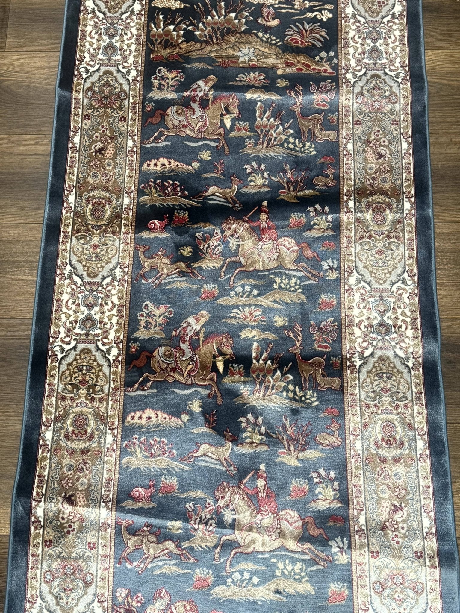 Turkish Silk Rug 2.6 x 6.7, Short Runner Rug, Blue & Ivory, Bamboo Silk, New - Jewel RugsShopify CollectiveHUNTEDFOX - Turkish Silk Rug 2.6 x 6.7, Short Runner Rug, Blue & Ivory, Bamboo Silk, New