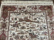 Turkish Silk Rug 5x8, Ivory, Hunting Design, Animal Pictorials, Bamboo Silk - Jewel RugsShopify CollectiveHUNTEDFOX - Turkish Silk Rug 5x8, Ivory, Hunting Design, Animal Pictorials, Bamboo Silk