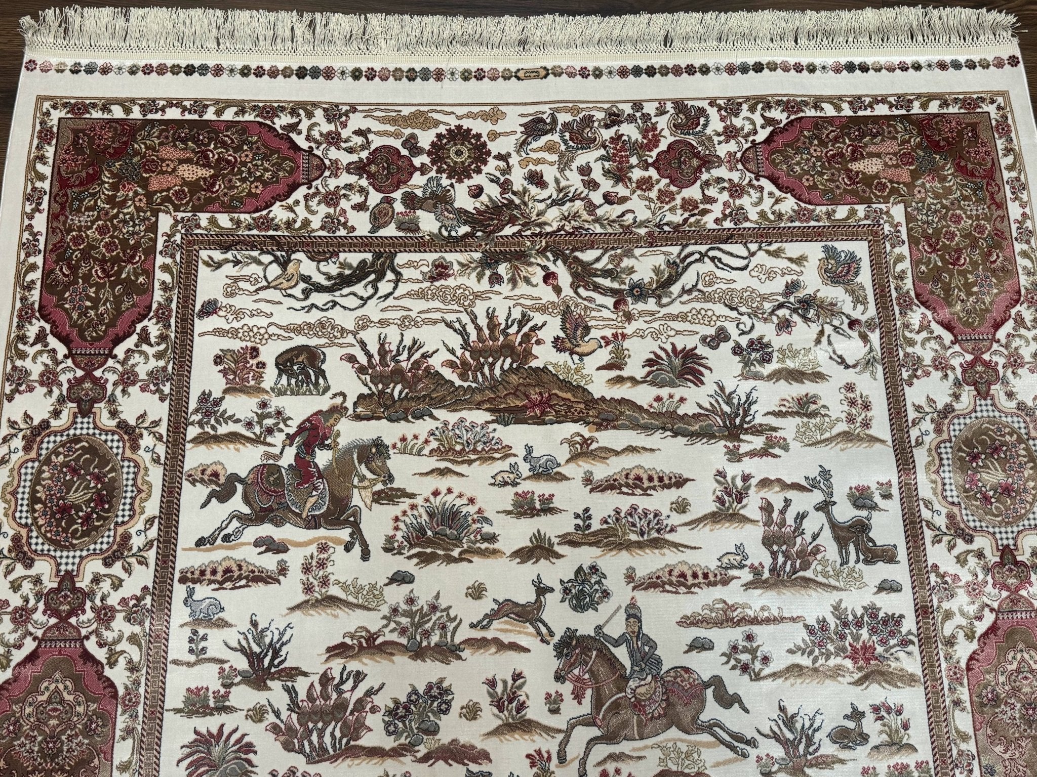 Turkish Silk Rug 5x8, Ivory, Hunting Design, Animal Pictorials, Bamboo Silk - Jewel RugsShopify CollectiveHUNTEDFOX - Turkish Silk Rug 5x8, Ivory, Hunting Design, Animal Pictorials, Bamboo Silk