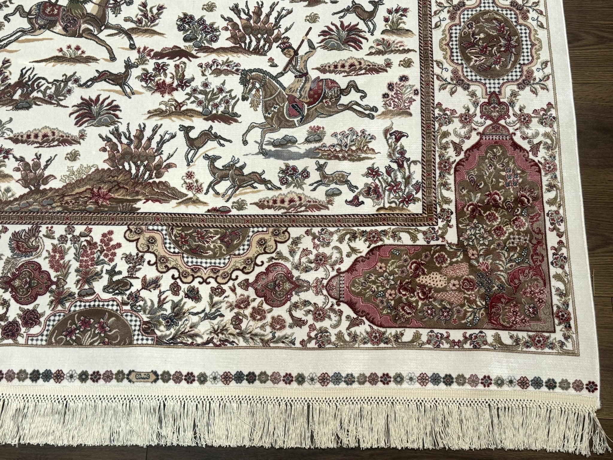 Turkish Silk Rug 5x8, Ivory, Hunting Design, Animal Pictorials, Bamboo Silk - Jewel RugsShopify CollectiveHUNTEDFOX - Turkish Silk Rug 5x8, Ivory, Hunting Design, Animal Pictorials, Bamboo Silk