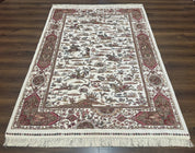 Turkish Silk Rug 5x8, Ivory, Hunting Design, Animal Pictorials, Bamboo Silk - Jewel RugsShopify CollectiveHUNTEDFOX - Turkish Silk Rug 5x8, Ivory, Hunting Design, Animal Pictorials, Bamboo Silk