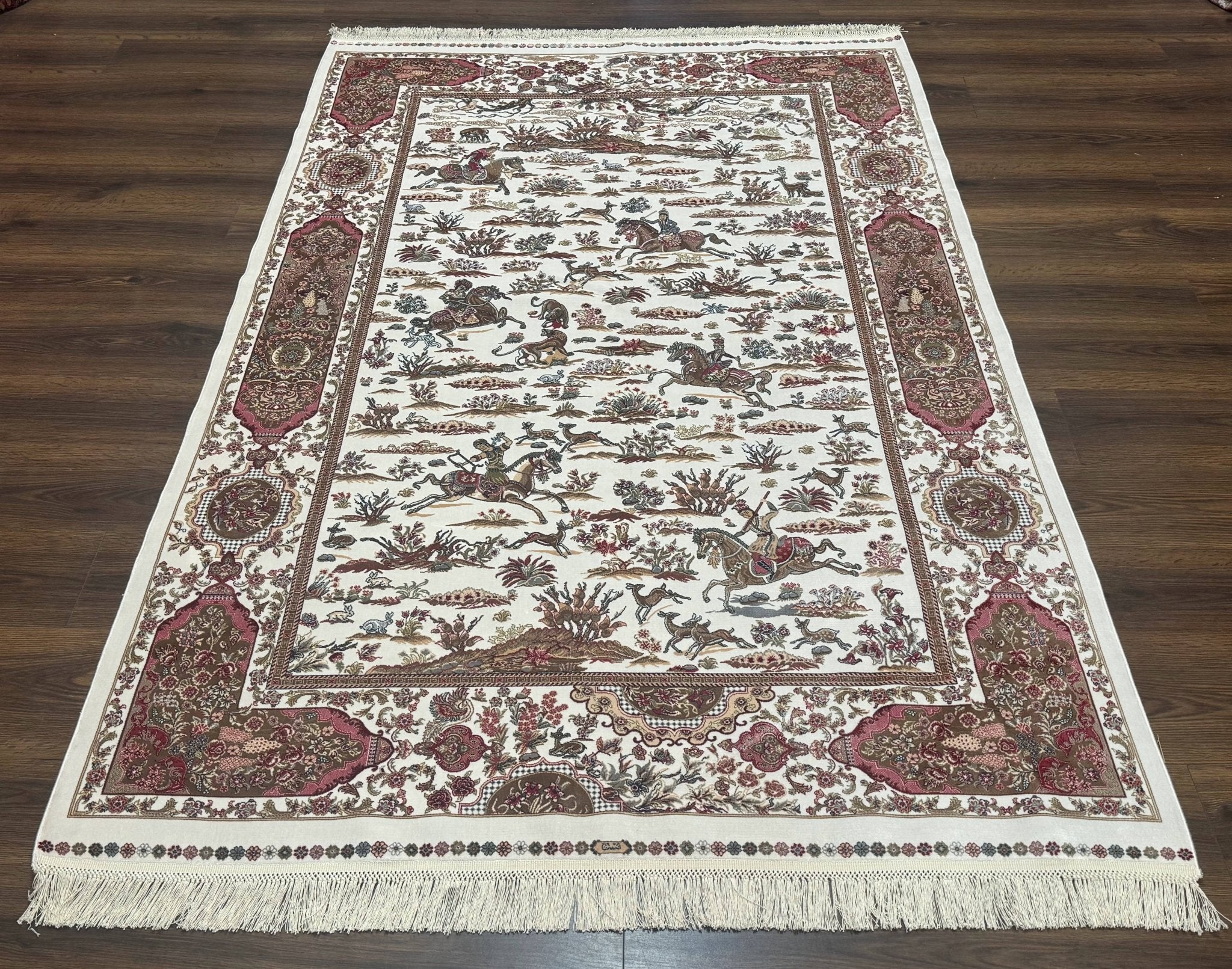 Turkish Silk Rug 5x8, Ivory, Hunting Design, Animal Pictorials, Bamboo Silk - Jewel RugsShopify CollectiveHUNTEDFOX - Turkish Silk Rug 5x8, Ivory, Hunting Design, Animal Pictorials, Bamboo Silk