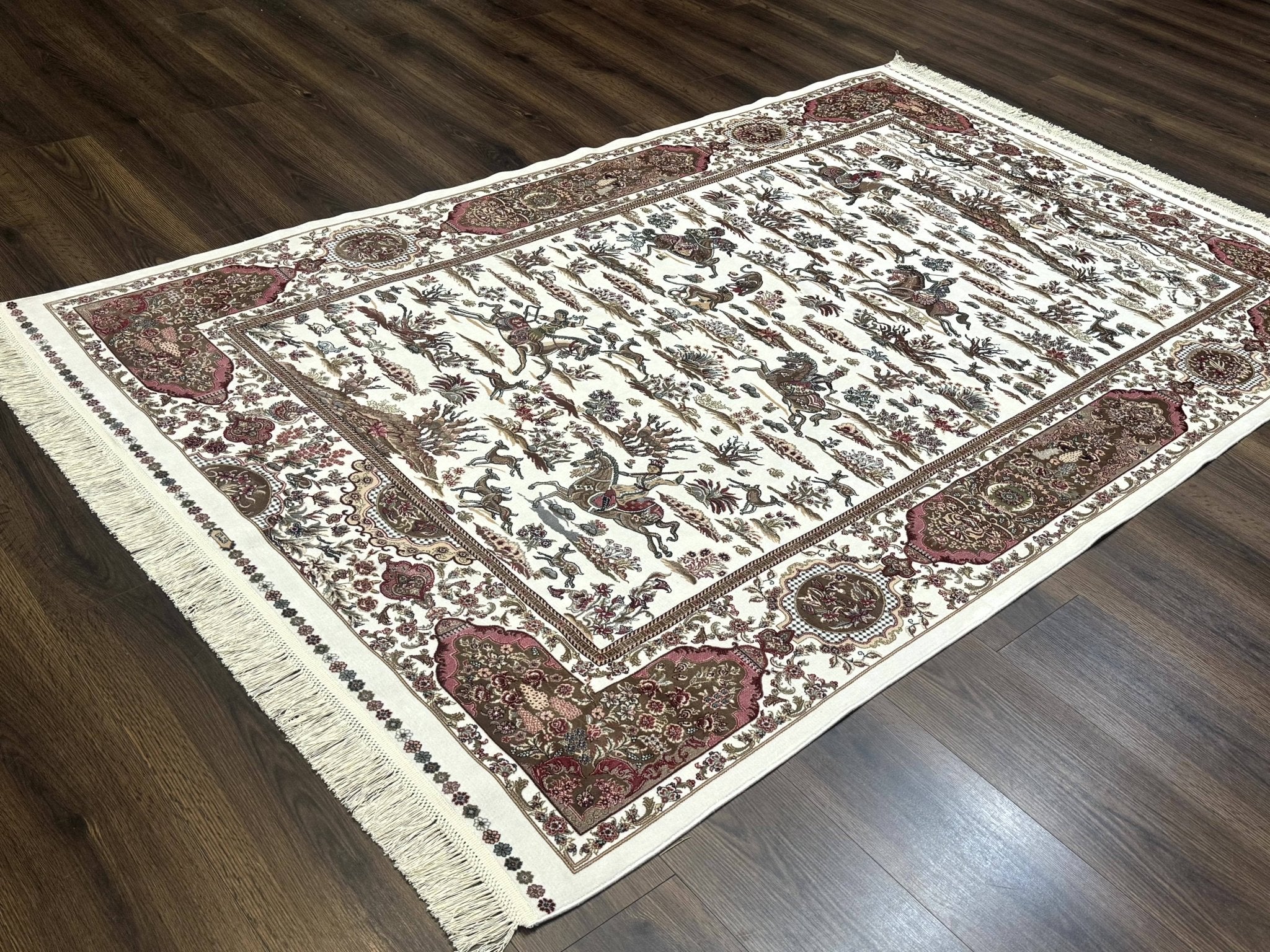 Turkish Silk Rug 5x8, Ivory, Hunting Design, Animal Pictorials, Bamboo Silk - Jewel RugsShopify CollectiveHUNTEDFOX - Turkish Silk Rug 5x8, Ivory, Hunting Design, Animal Pictorials, Bamboo Silk
