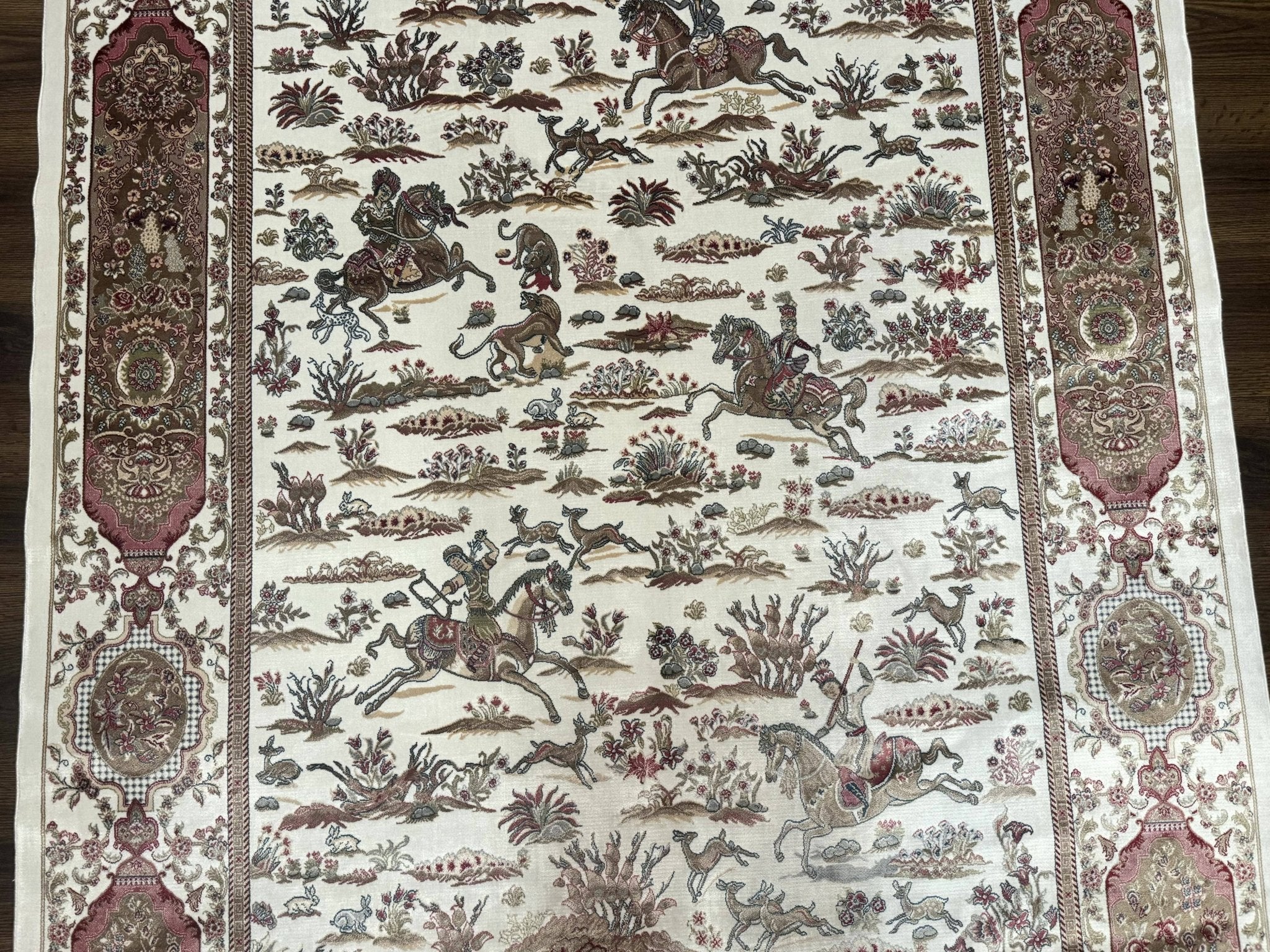 Turkish Silk Rug 5x8, Ivory, Hunting Design, Animal Pictorials, Bamboo Silk - Jewel RugsShopify CollectiveHUNTEDFOX - Turkish Silk Rug 5x8, Ivory, Hunting Design, Animal Pictorials, Bamboo Silk