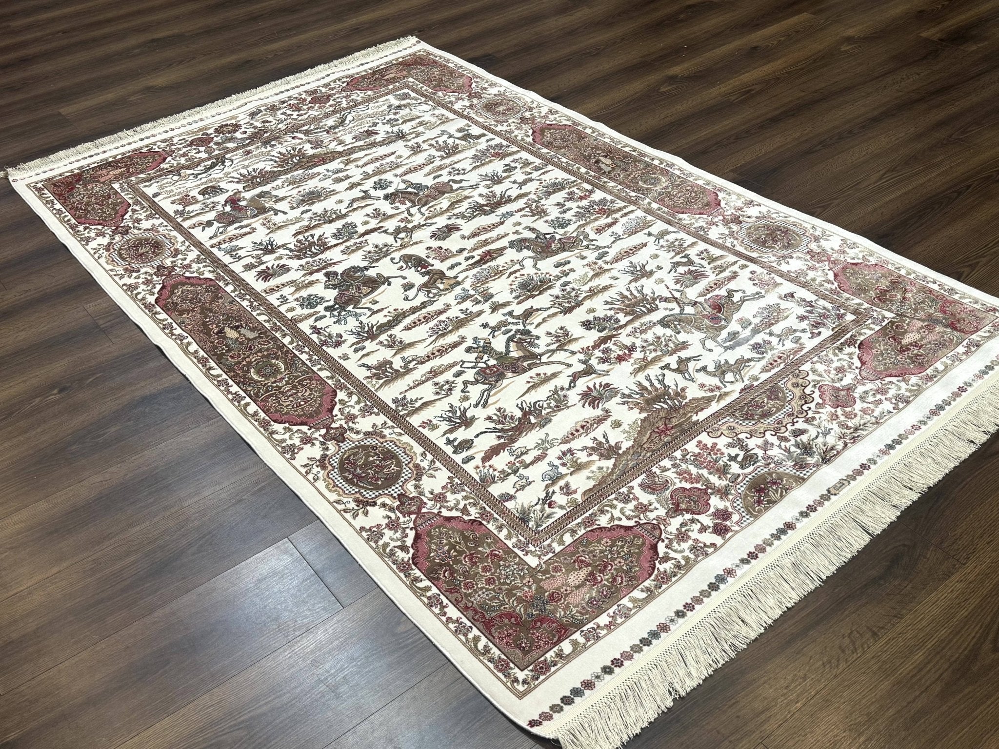 Turkish Silk Rug 5x8, Ivory, Hunting Design, Animal Pictorials, Bamboo Silk - Jewel RugsShopify CollectiveHUNTEDFOX - Turkish Silk Rug 5x8, Ivory, Hunting Design, Animal Pictorials, Bamboo Silk