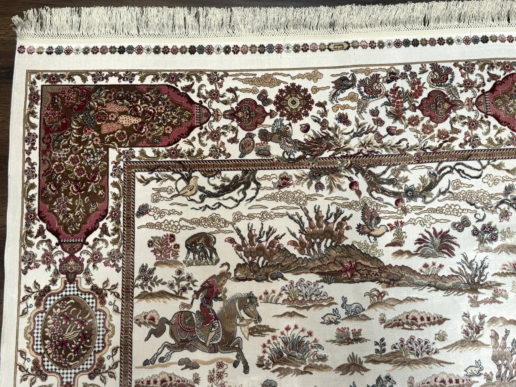 Turkish Silk Rug 5x8, Ivory, Hunting Design, Animal Pictorials, Bamboo Silk - Jewel RugsShopify CollectiveHUNTEDFOX - Turkish Silk Rug 5x8, Ivory, Hunting Design, Animal Pictorials, Bamboo Silk