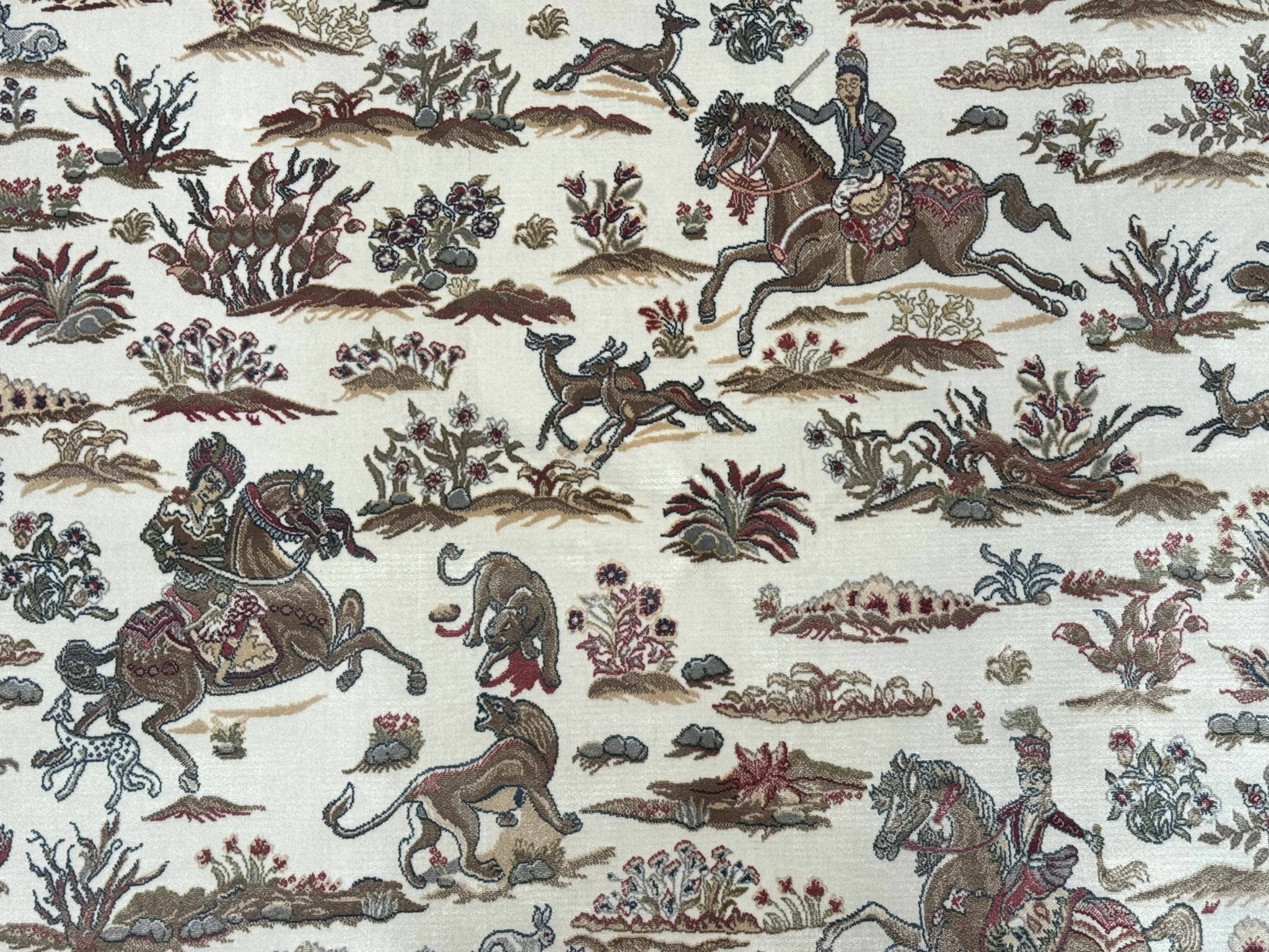 Turkish Silk Rug 5x8, Ivory, Hunting Design, Animal Pictorials, Bamboo Silk - Jewel RugsShopify CollectiveHUNTEDFOX - Turkish Silk Rug 5x8, Ivory, Hunting Design, Animal Pictorials, Bamboo Silk