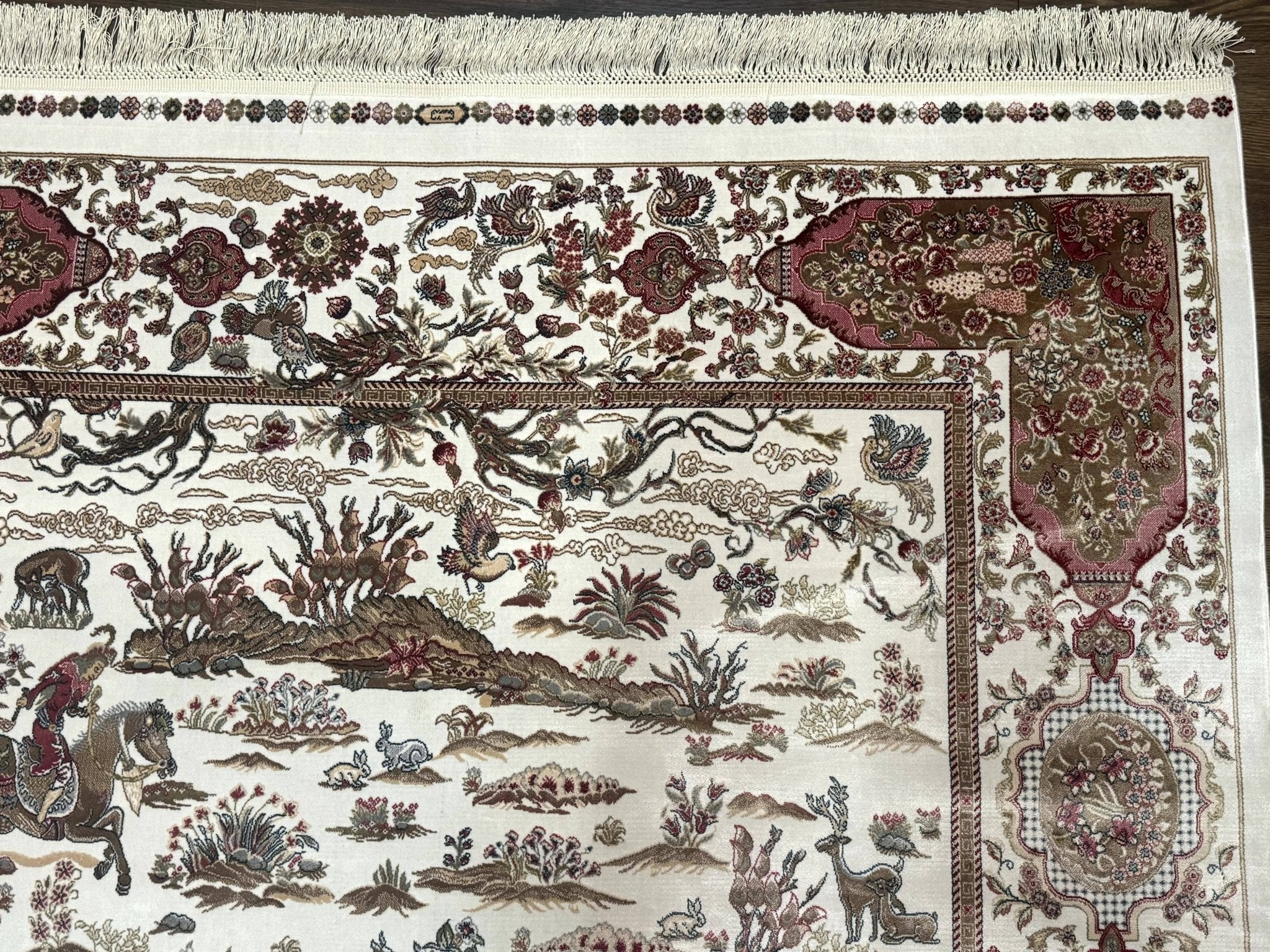 Turkish Silk Rug 5x8, Ivory, Hunting Design, Animal Pictorials, Bamboo Silk - Jewel RugsShopify CollectiveHUNTEDFOX - Turkish Silk Rug 5x8, Ivory, Hunting Design, Animal Pictorials, Bamboo Silk
