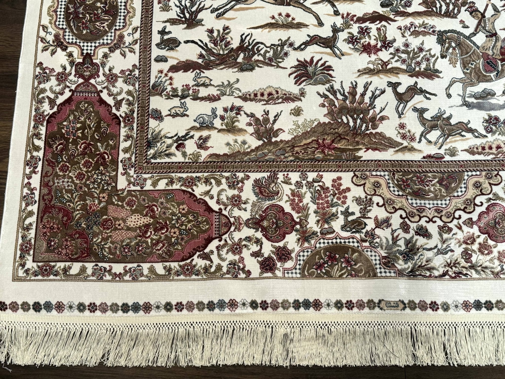 Turkish Silk Rug 5x8, Ivory, Hunting Design, Animal Pictorials, Bamboo Silk - Jewel RugsShopify CollectiveHUNTEDFOX - Turkish Silk Rug 5x8, Ivory, Hunting Design, Animal Pictorials, Bamboo Silk