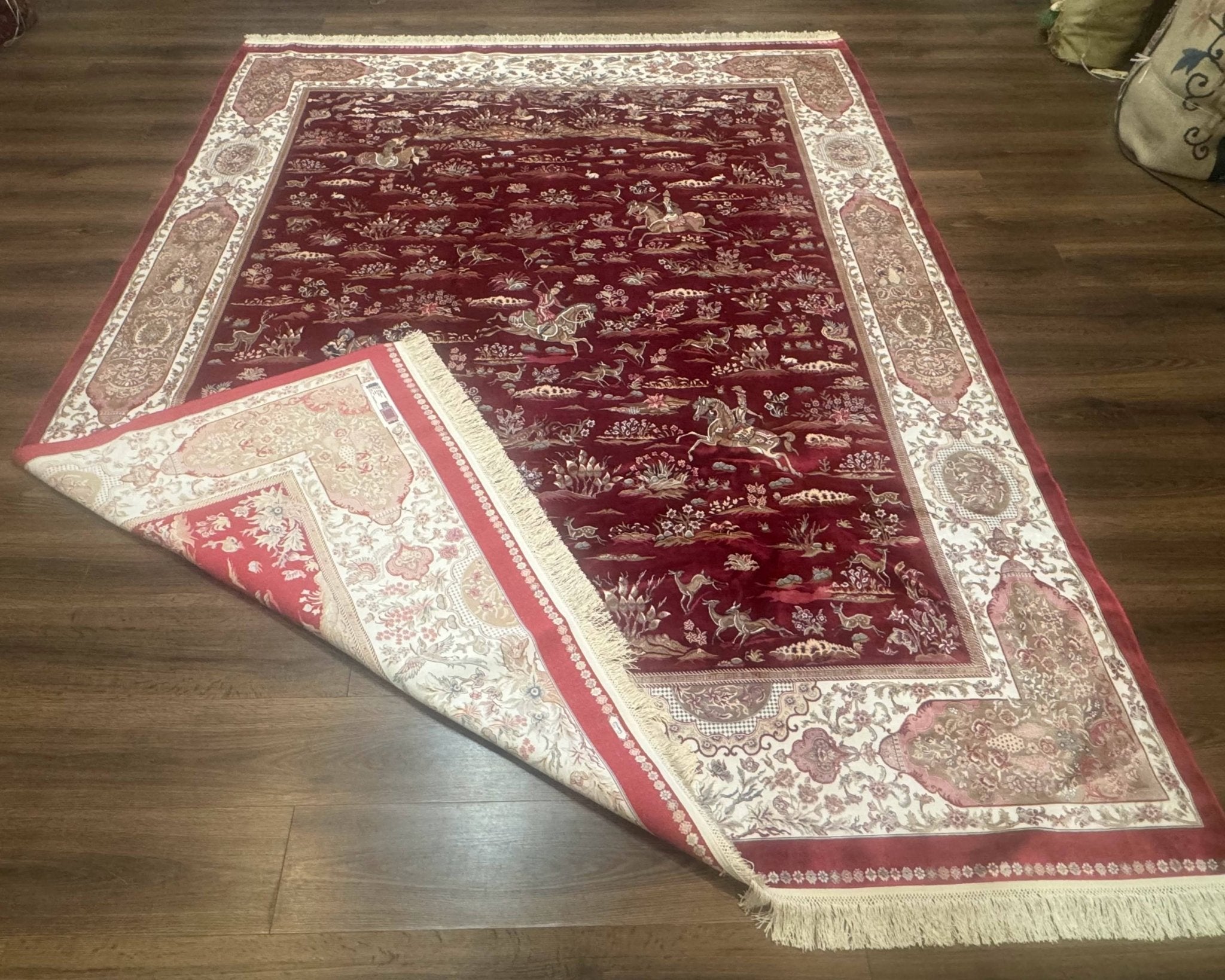 Turkish Silk Rug 8x10, Red & Ivory, Hunting Design, Bamboo Silk, New - Jewel RugsShopify CollectiveHUNTEDFOX - Turkish Silk Rug 8x10, Red & Ivory, Hunting Design, Bamboo Silk, New
