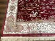 Turkish Silk Rug 8x10, Red & Ivory, Hunting Design, Bamboo Silk, New - Jewel RugsShopify CollectiveHUNTEDFOX - Turkish Silk Rug 8x10, Red & Ivory, Hunting Design, Bamboo Silk, New