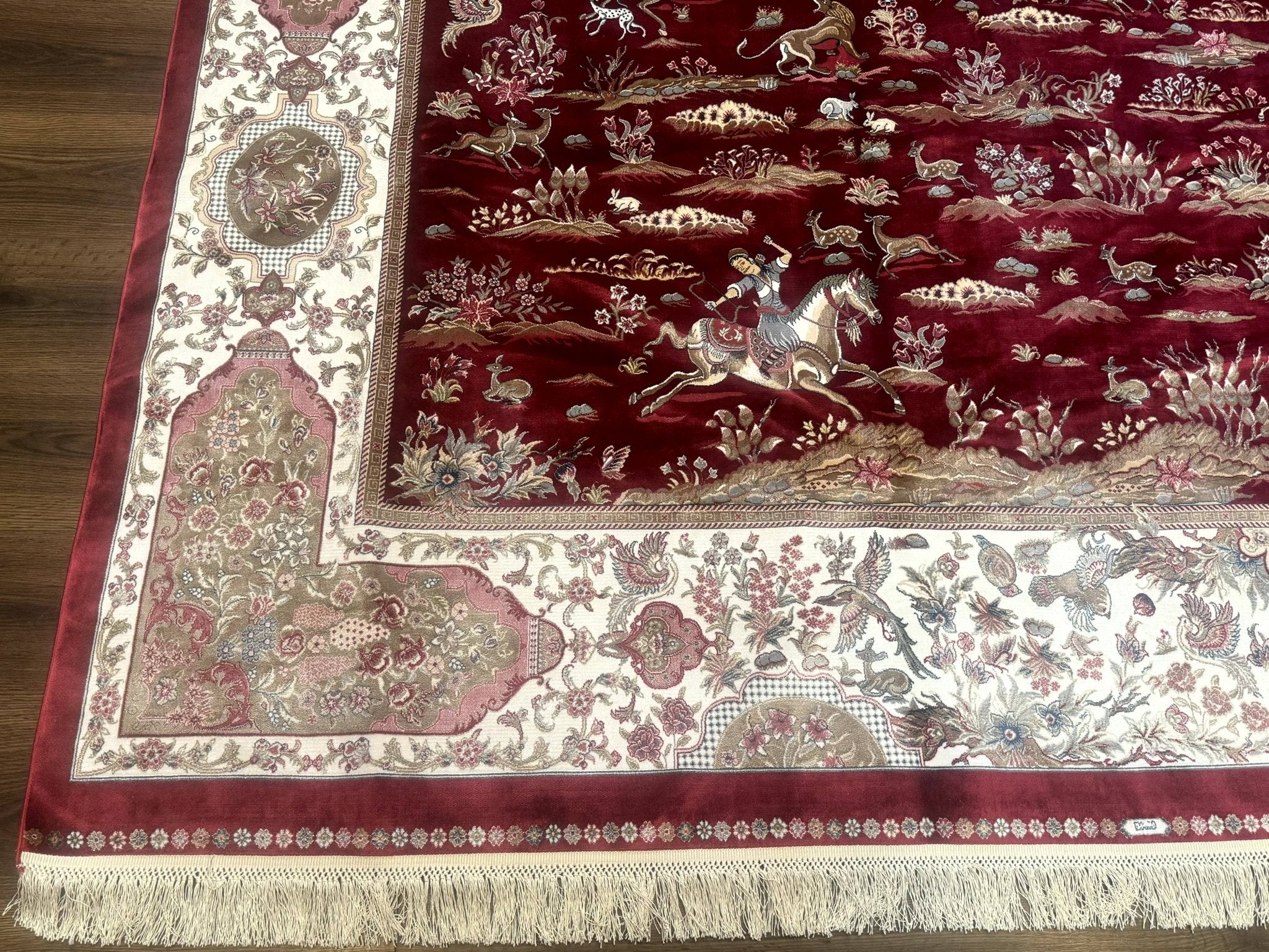 Turkish Silk Rug 8x10, Red & Ivory, Hunting Design, Bamboo Silk, New - Jewel RugsShopify CollectiveHUNTEDFOX - Turkish Silk Rug 8x10, Red & Ivory, Hunting Design, Bamboo Silk, New