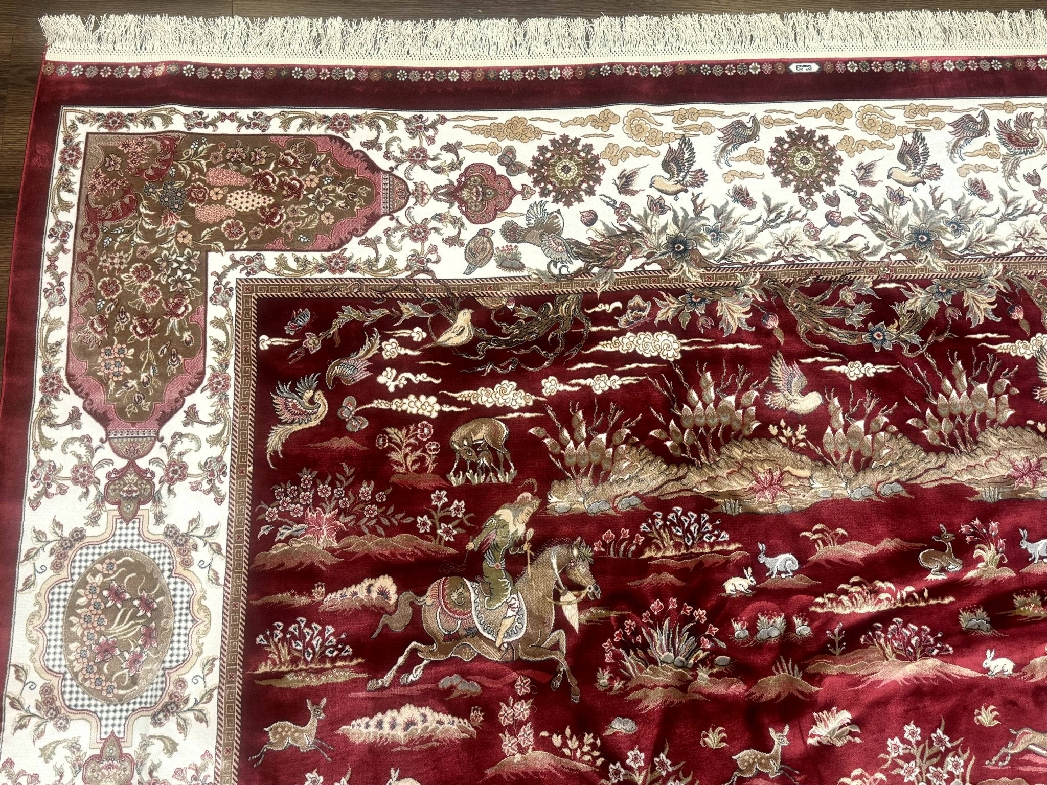 Turkish Silk Rug 8x10, Red & Ivory, Hunting Design, Bamboo Silk, New - Jewel RugsShopify CollectiveHUNTEDFOX - Turkish Silk Rug 8x10, Red & Ivory, Hunting Design, Bamboo Silk, New