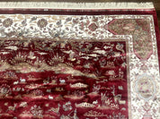 Turkish Silk Rug 8x10, Red & Ivory, Hunting Design, Bamboo Silk, New - Jewel RugsShopify CollectiveHUNTEDFOX - Turkish Silk Rug 8x10, Red & Ivory, Hunting Design, Bamboo Silk, New