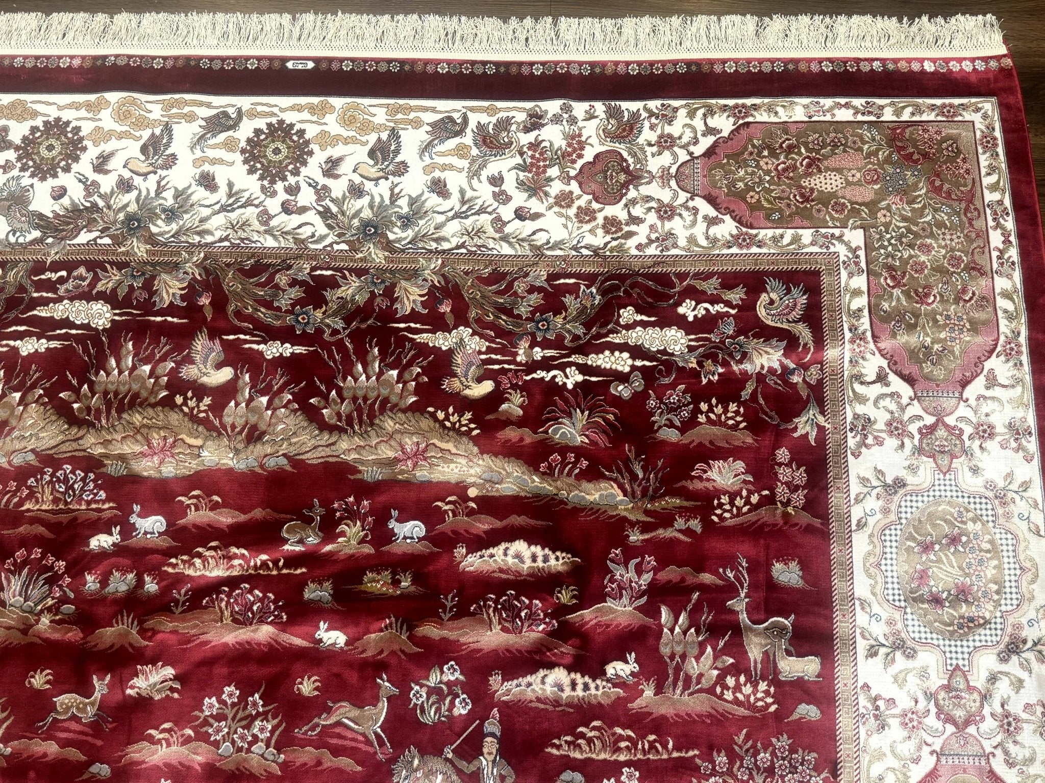 Turkish Silk Rug 8x10, Red & Ivory, Hunting Design, Bamboo Silk, New - Jewel RugsShopify CollectiveHUNTEDFOX - Turkish Silk Rug 8x10, Red & Ivory, Hunting Design, Bamboo Silk, New