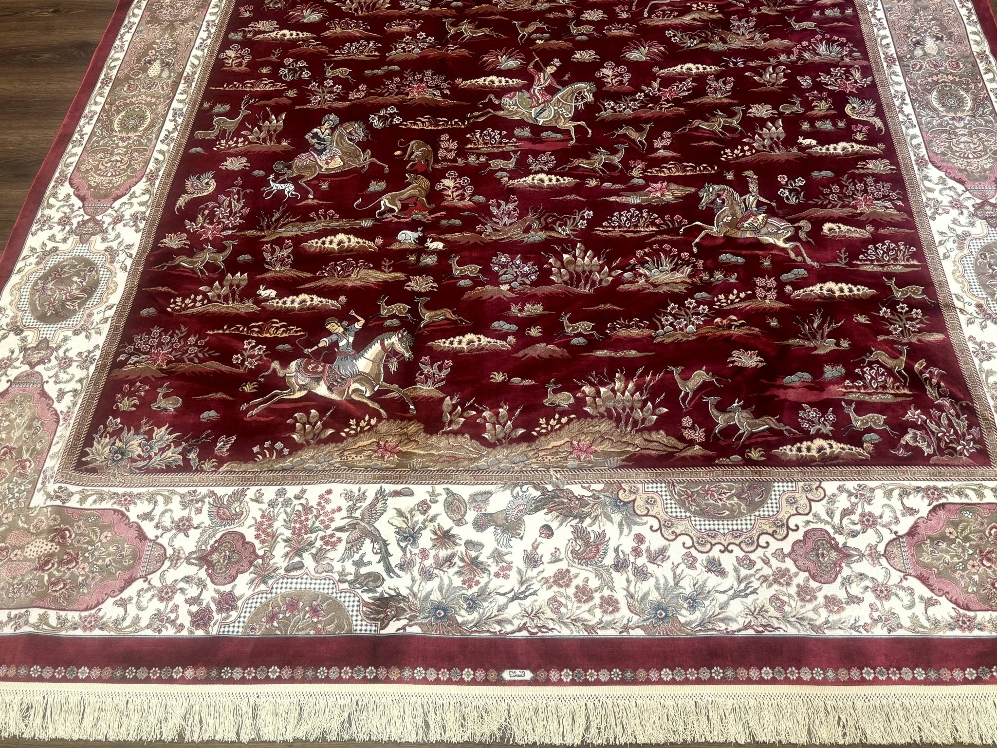 Turkish Silk Rug 8x10, Red & Ivory, Hunting Design, Bamboo Silk, New - Jewel RugsShopify CollectiveHUNTEDFOX - Turkish Silk Rug 8x10, Red & Ivory, Hunting Design, Bamboo Silk, New