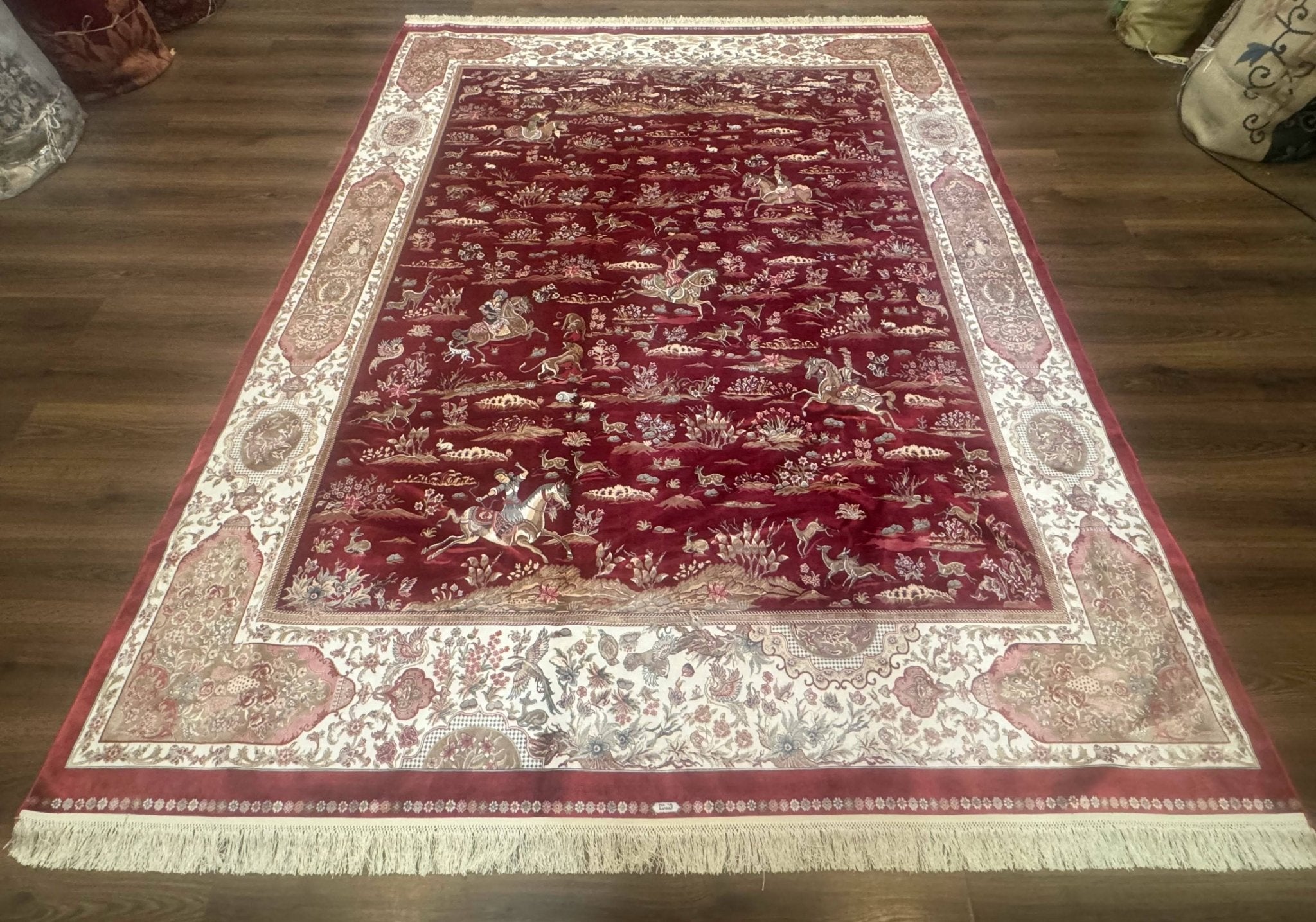 Turkish Silk Rug 8x10, Red & Ivory, Hunting Design, Bamboo Silk, New - Jewel RugsShopify CollectiveHUNTEDFOX - Turkish Silk Rug 8x10, Red & Ivory, Hunting Design, Bamboo Silk, New