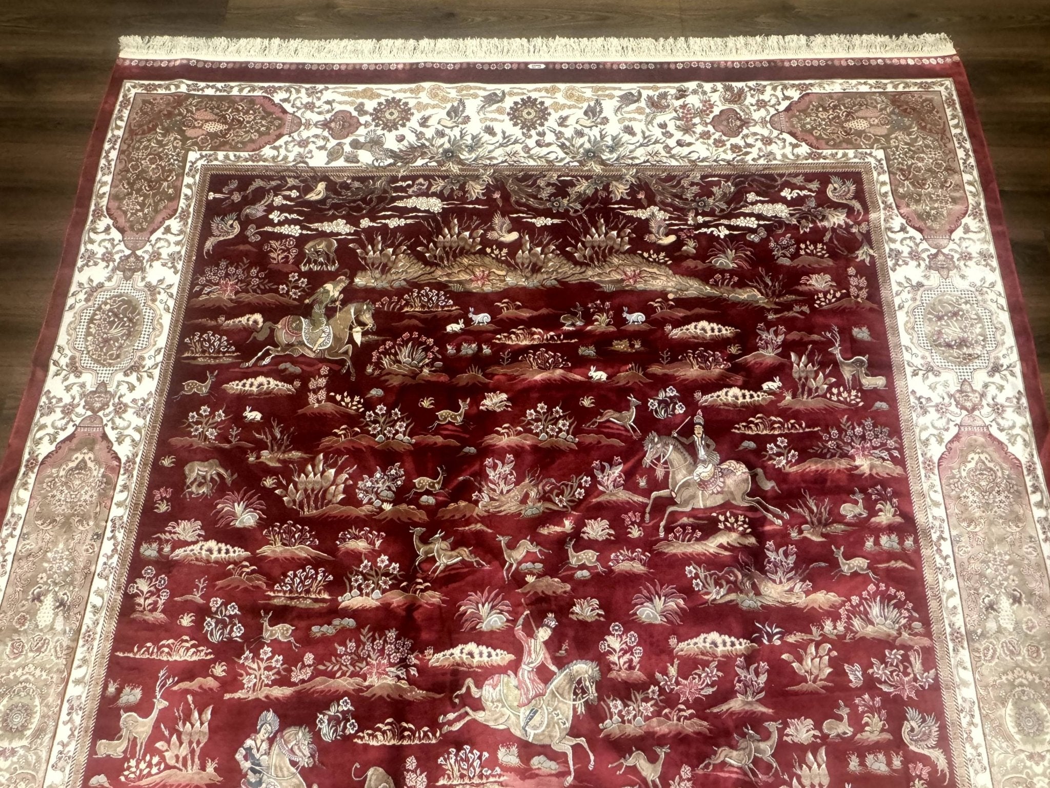 Turkish Silk Rug 8x10, Red & Ivory, Hunting Design, Bamboo Silk, New - Jewel RugsShopify CollectiveHUNTEDFOX - Turkish Silk Rug 8x10, Red & Ivory, Hunting Design, Bamboo Silk, New