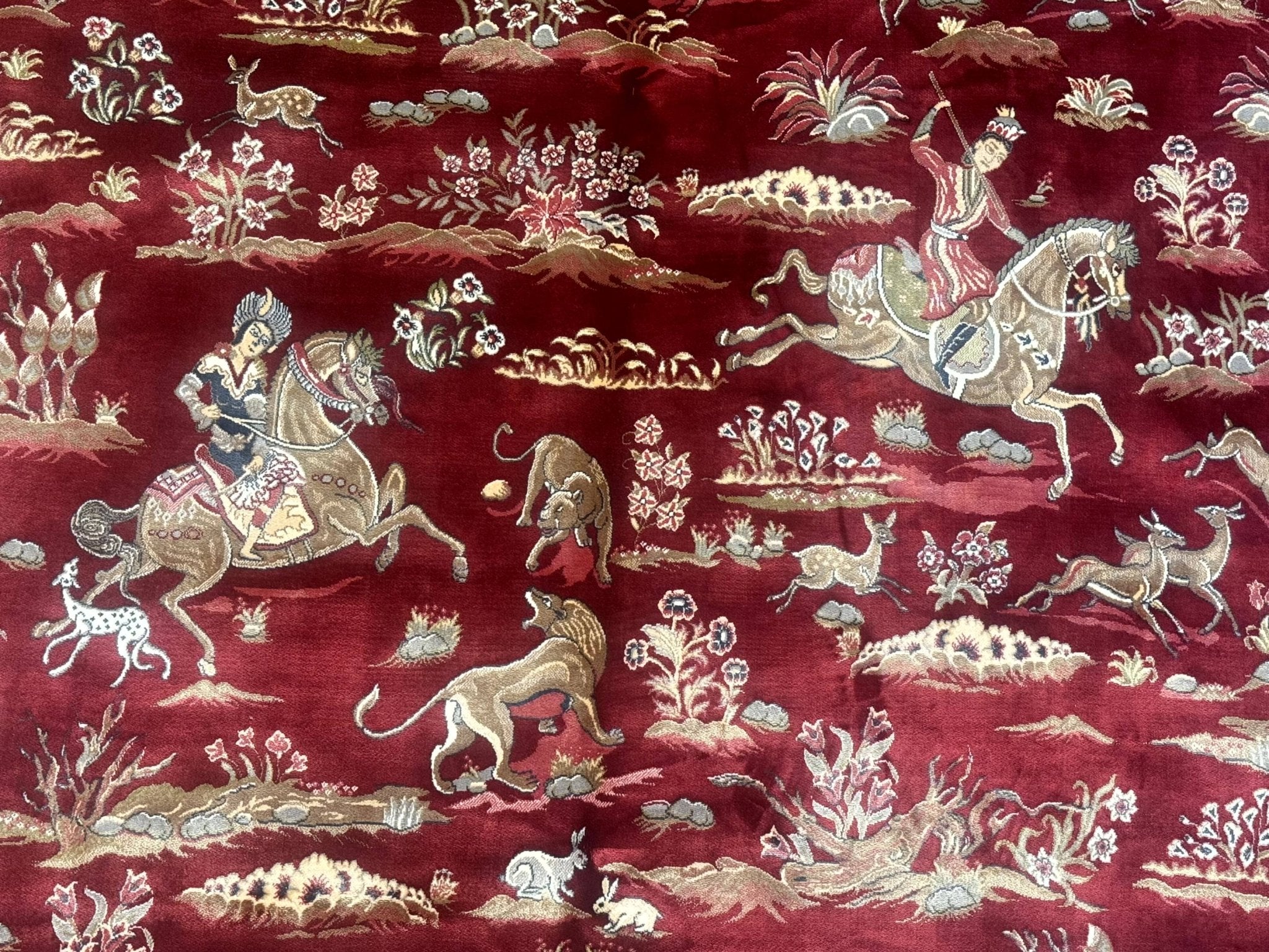 Turkish Silk Rug 8x10, Red & Ivory, Hunting Design, Bamboo Silk, New - Jewel RugsShopify CollectiveHUNTEDFOX - Turkish Silk Rug 8x10, Red & Ivory, Hunting Design, Bamboo Silk, New